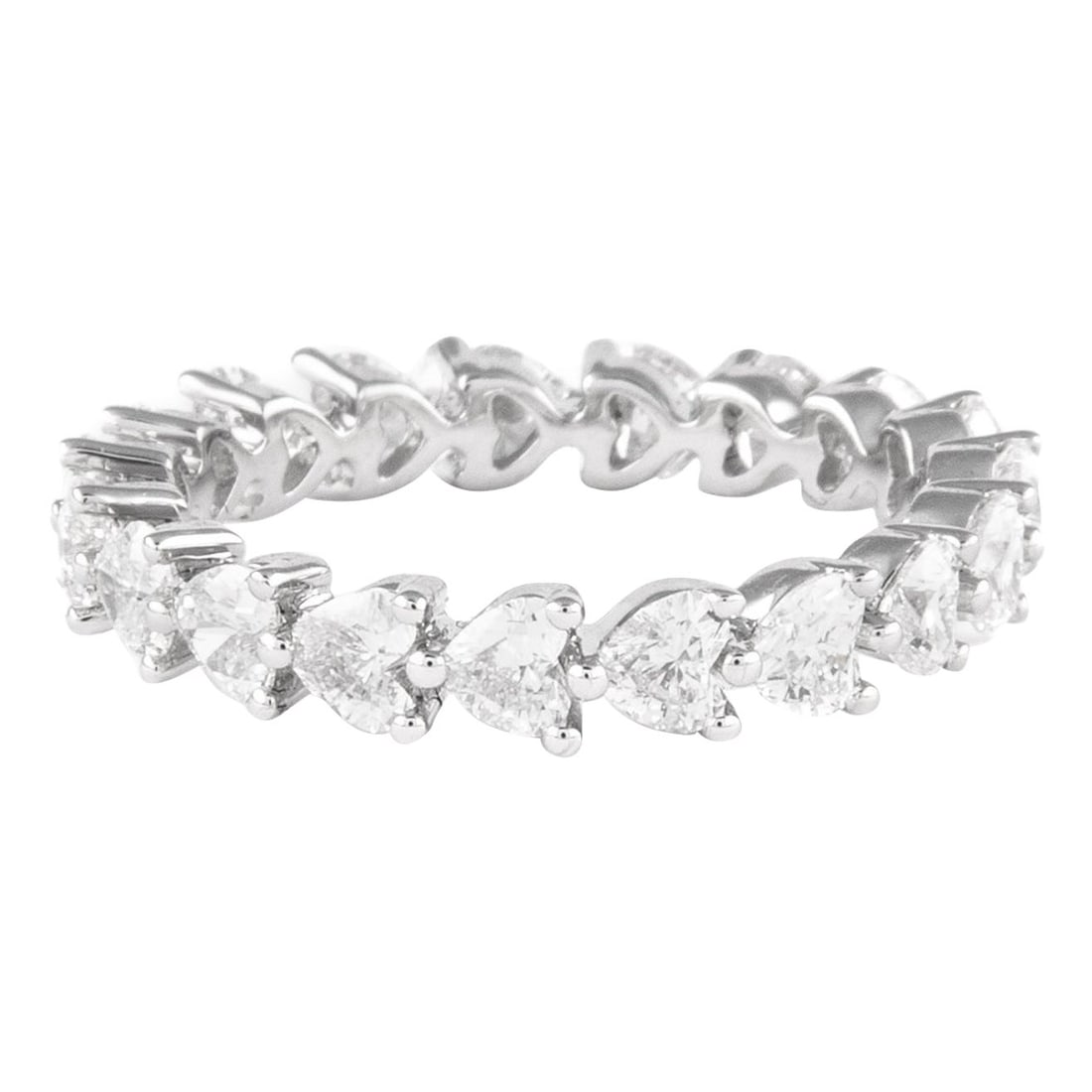 2.15ct Heart Diamond Eternity Band 18k White Gold: 2.15ct Heart Diamond Eternity Band 18k White Gold This exquisite eternity band features a stunning design adorned with 19 heart-shaped brilliant diamonds, totaling 2.15 carats. The diamonds exhibit a