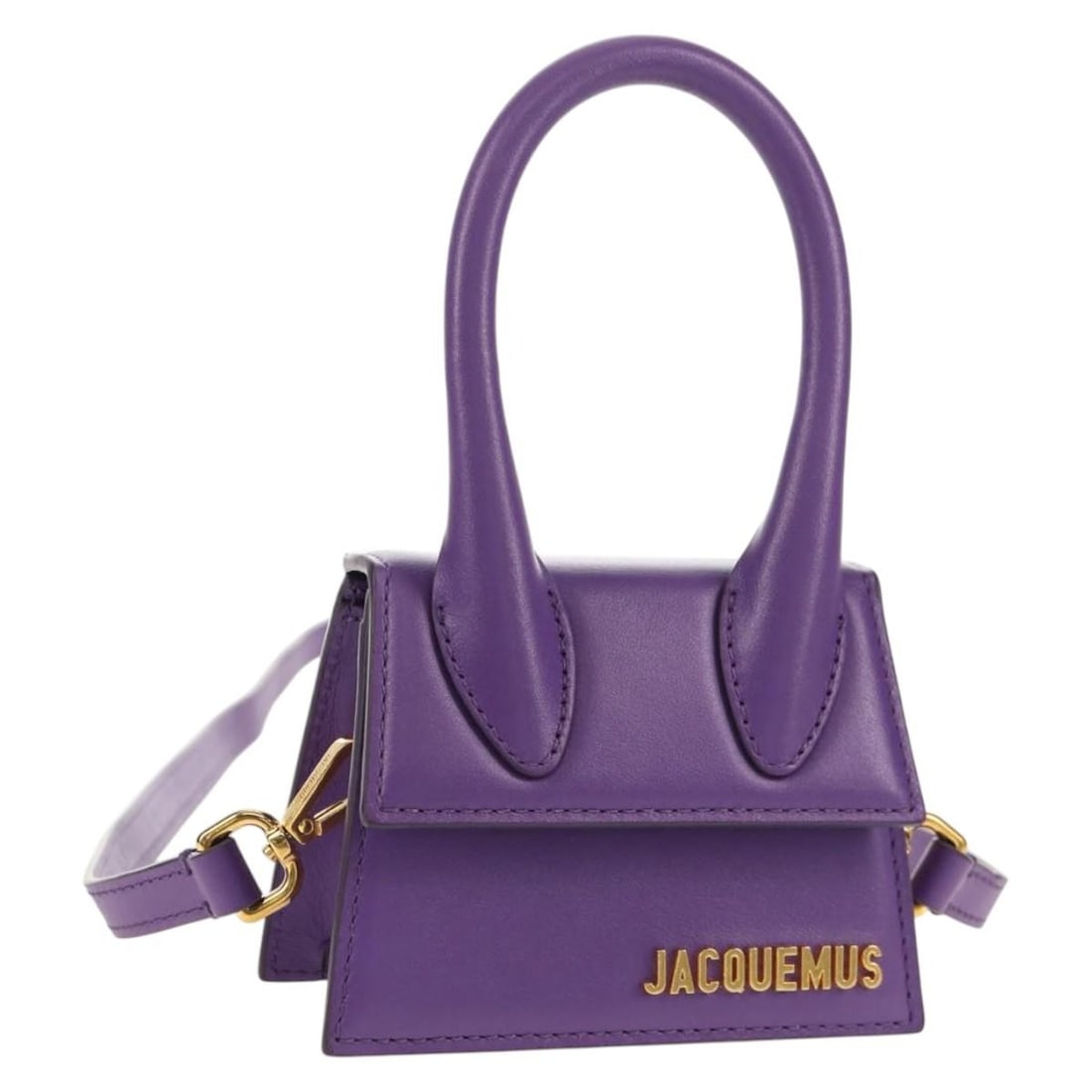 JACQUEMUS Purple Gold Leather Mini Hand Bag 2way Italy Auth: JACQUEMUS Purple Gold Leather Mini Hand Bag 2way Italy Auth This stylish JACQUEMUS Mini Hand Bag is crafted from high-quality leather, showcasing a striking purple and gold exterior. Designed for vers
