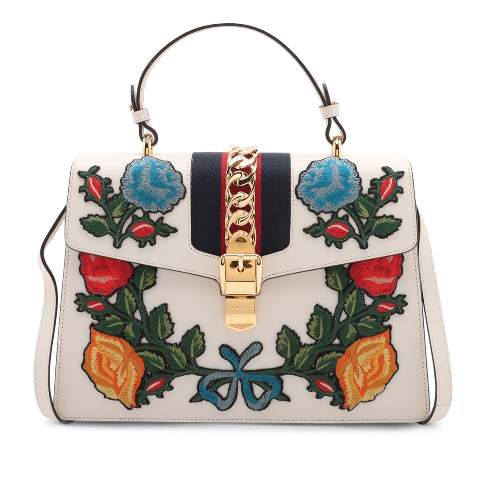 Gucci Sylvie Medium White Leather Bag with Floral Embroidery and Top Handle: Gucci Sylvie Medium White Leather Bag with Floral Embroidery and Top Handle This Gucci Medium Sylvie Top Handle Bag features a striking floral embroidery on its leather body, complemented by signature