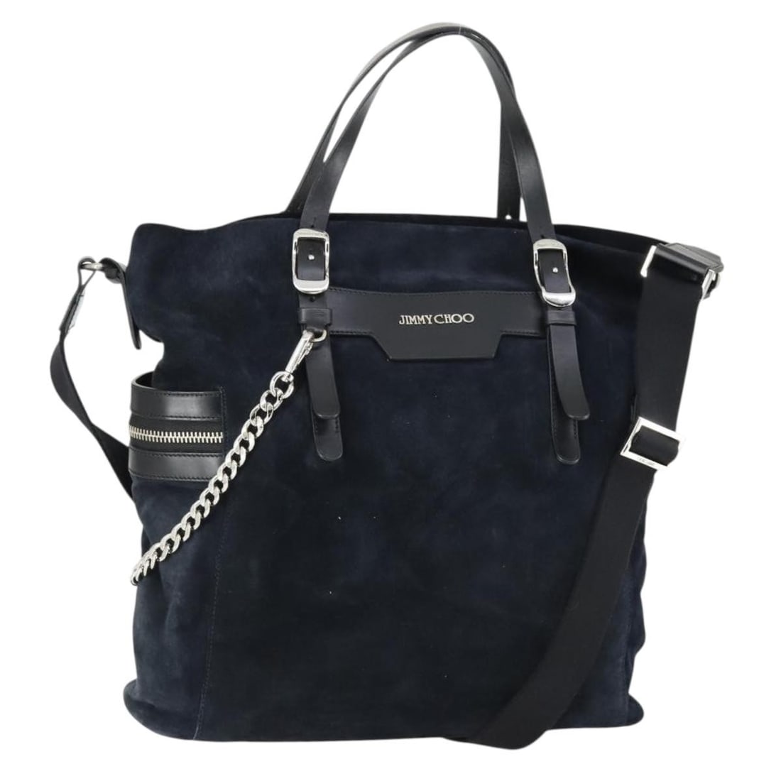 Jimmy Choo Navy Silver Suede Tote Bag Authentic 153171: Jimmy Choo Navy Silver Suede Tote Bag Authentic 153171 This exquisite Jimmy Choo tote bag showcases a sophisticated blend of navy suede and silver accents. Ideal for any occasion, this versatile 2-way