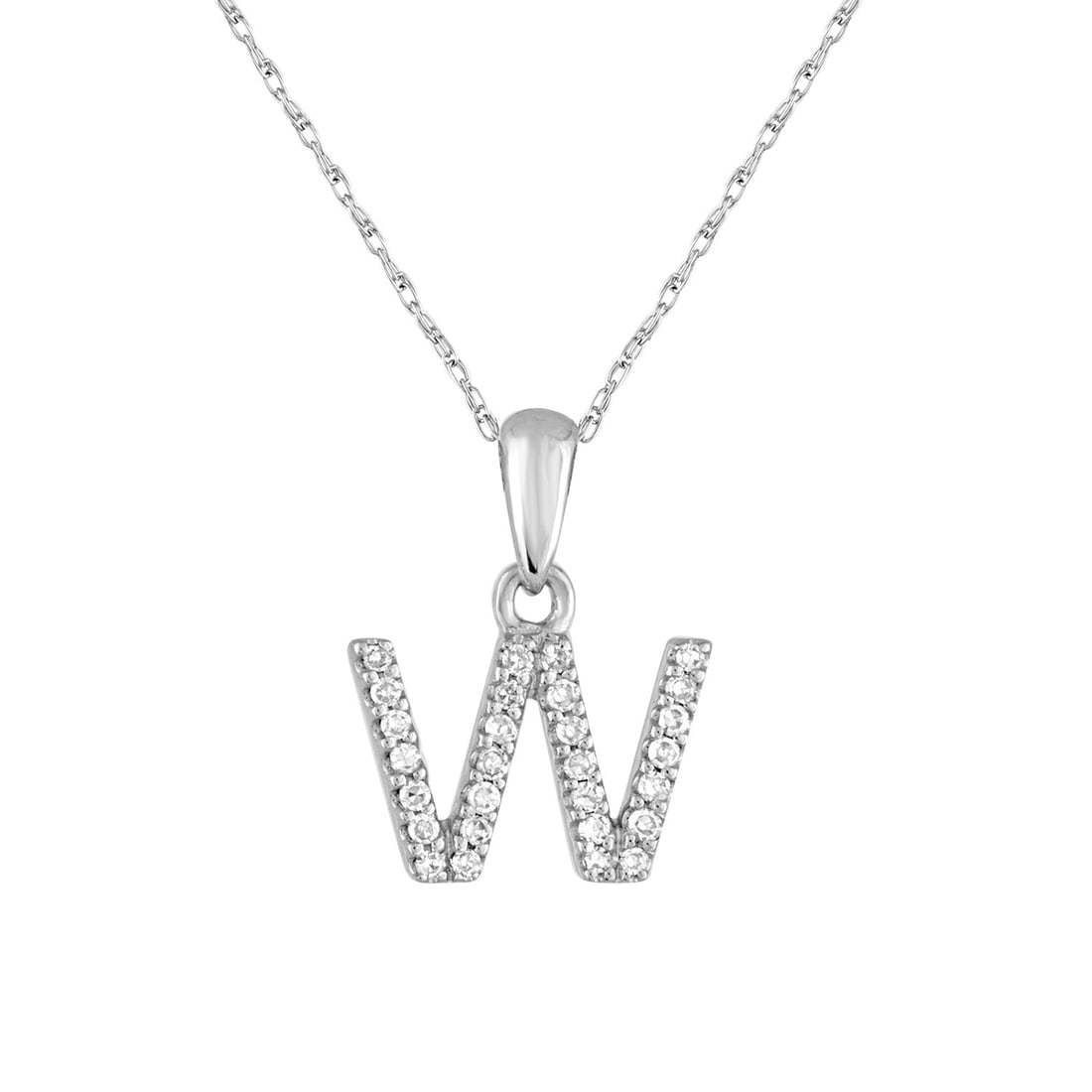 14k White Gold Diamond Initial Pendant Necklace W: 14k White Gold Diamond Initial Pendant Necklace W This elegant pendant necklace features a round design crafted from 14k white gold, adorned with a sparkling diamond initial 'W'. The total diamond wei