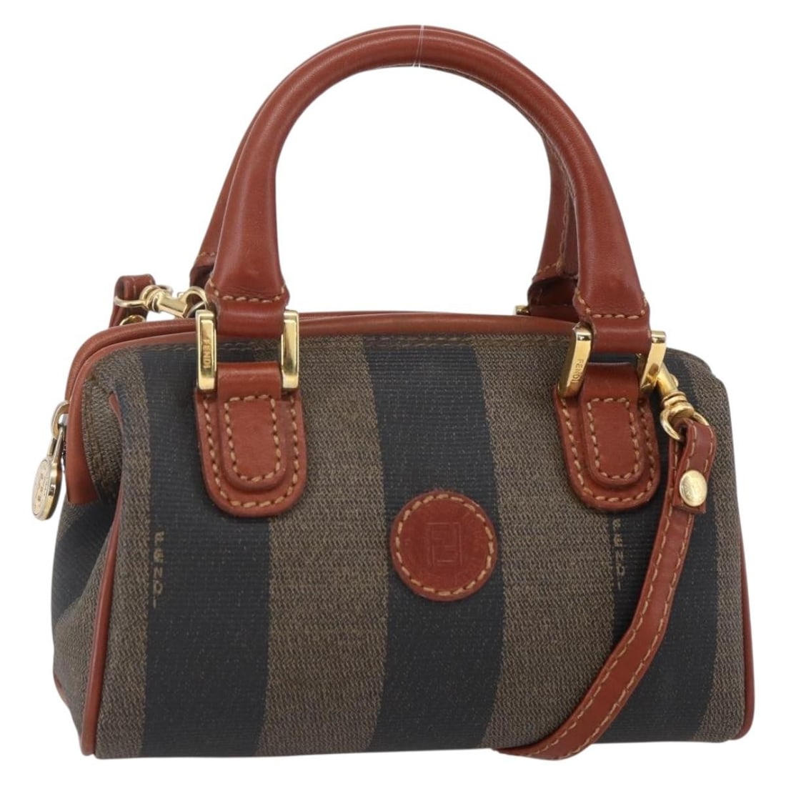 FENDI Pecan Canvas Mini Boston Bag PVC Black Brown Gold Authentic: FENDI Pecan Canvas Mini Boston Bag PVC Black Brown Gold Authentic This authentic Fendi Mini Boston Bag showcases a stylish blend of black, brown, and gold colors with a chic PVC leather and Pequin can
