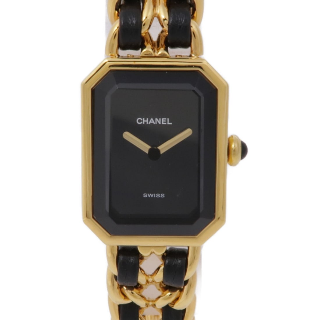 Chanel Premiere S Black Gold Plated Quartz Watch H0001: Chanel Premiere S Black Gold Plated Quartz Watch H0001 This CHANEL CC Premiere S wristwatch features a striking black dial and frame, complemented by a gold-plated case and band. Powered by a reliable