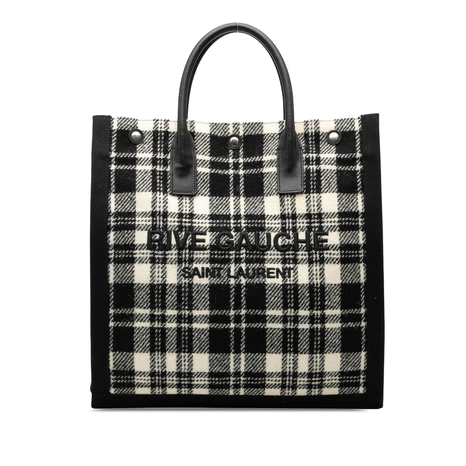 Plaid Wool Rive Gauche North South Tote Bag by Saint Laurent: Plaid Wool Rive Gauche North South Tote Bag by Saint Laurent This Saint Laurent Plaid Wool Rive Gauche North South Tote features a wool body with a plaid pattern, rolled leather handles, an open top w