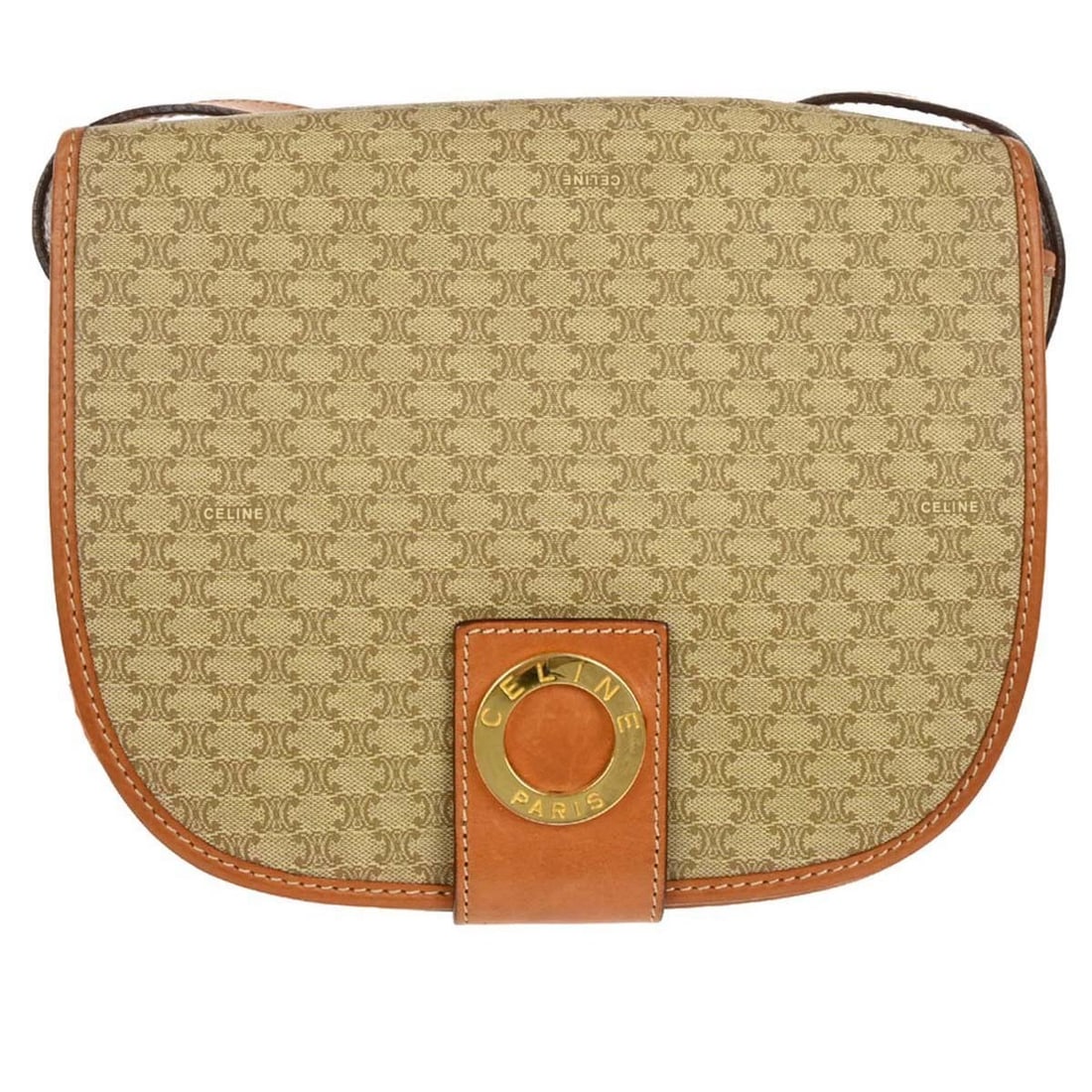 Celine Macadam Beige PVC Medium Shoulder Bag with Brown Leather Strap: Celine Macadam Beige PVC Medium Shoulder Bag with Brown Leather Strap This Celine Macadam shoulder bag features a beige PVC exterior with the signature logo accent and brown leather shoulder strap. Th