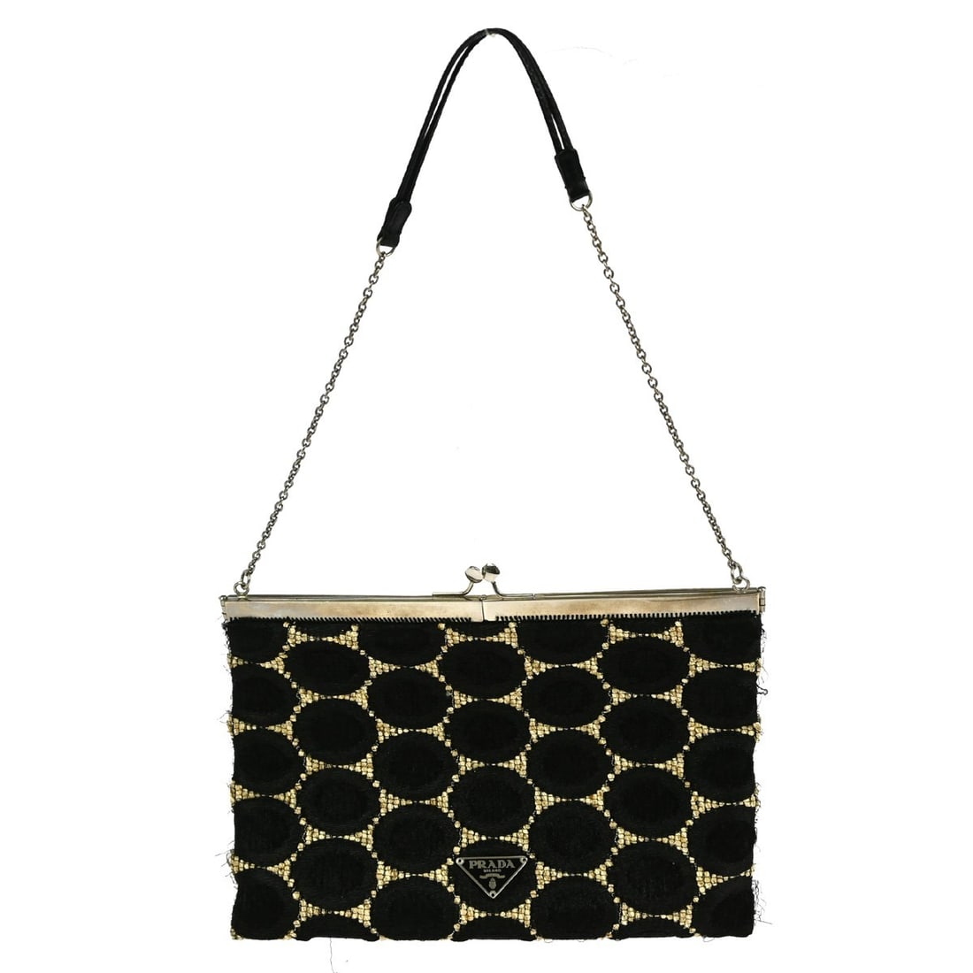 Prada Black Canvas Medium Shoulder Bag with Logo Accent: Prada Black Canvas Medium Shoulder Bag with Logo Accent This Prada shoulder bag features a sleek black canvas exterior with a subtle logo accent. Designed for casual occasions, it is medium-sized and