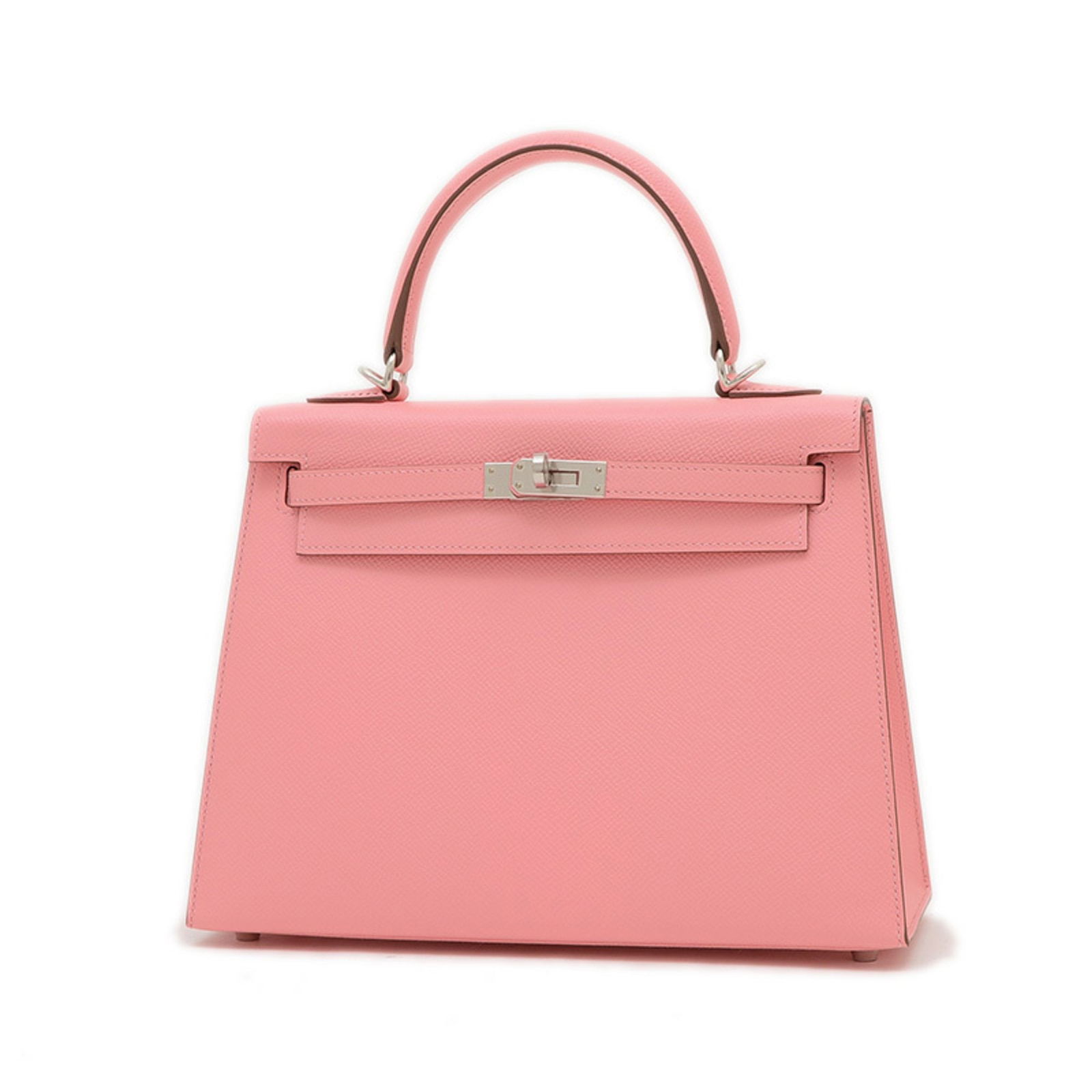 Pink Leather Hermes Kelly 25 Handbag from France: Pink Leather Hermes Kelly 25 Handbag from France This Hermes Kelly 25 handbag features a structured silhouette in pink leather, crafted for women. It is made in France and is presented in excellent co