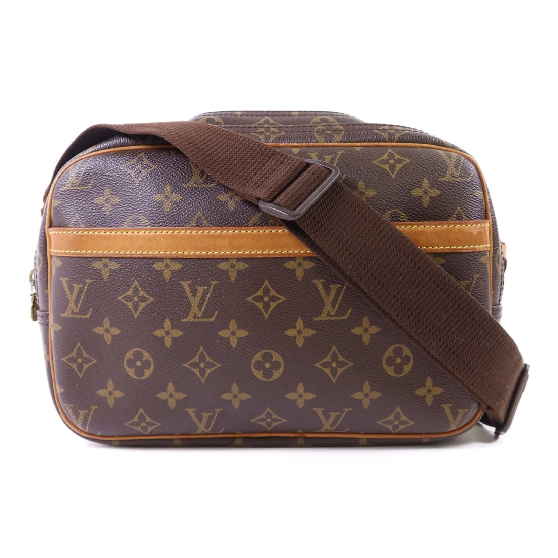 Louis Vuitton Reporter PM Monogram Shoulder Bag with Gold Hardware Brown: Louis Vuitton Reporter PM Monogram Shoulder Bag with Gold Hardware Brown This Louis Vuitton Reporter PM shoulder bag features the signature Monogram brown PVC coated canvas exterior. Designed for ever