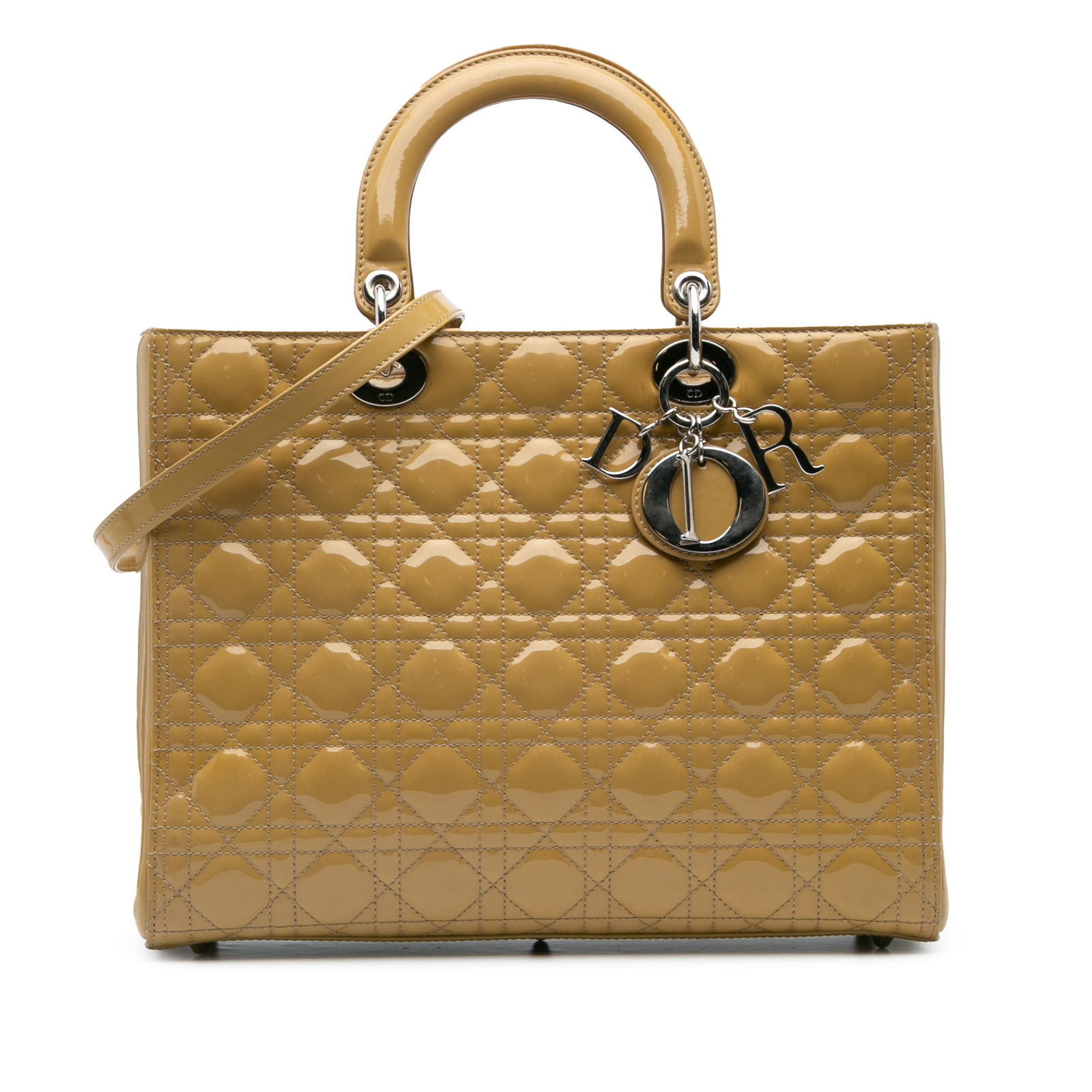 Dior Large Patent Cannage Lady Dior Bag Yellow Leather: Dior Large Patent Cannage Lady Dior Bag Yellow Leather The Large Patent Cannage Lady Dior is a stunning handbag crafted from high-quality patent leather, showcasing a vibrant yellow hue. This sophisti