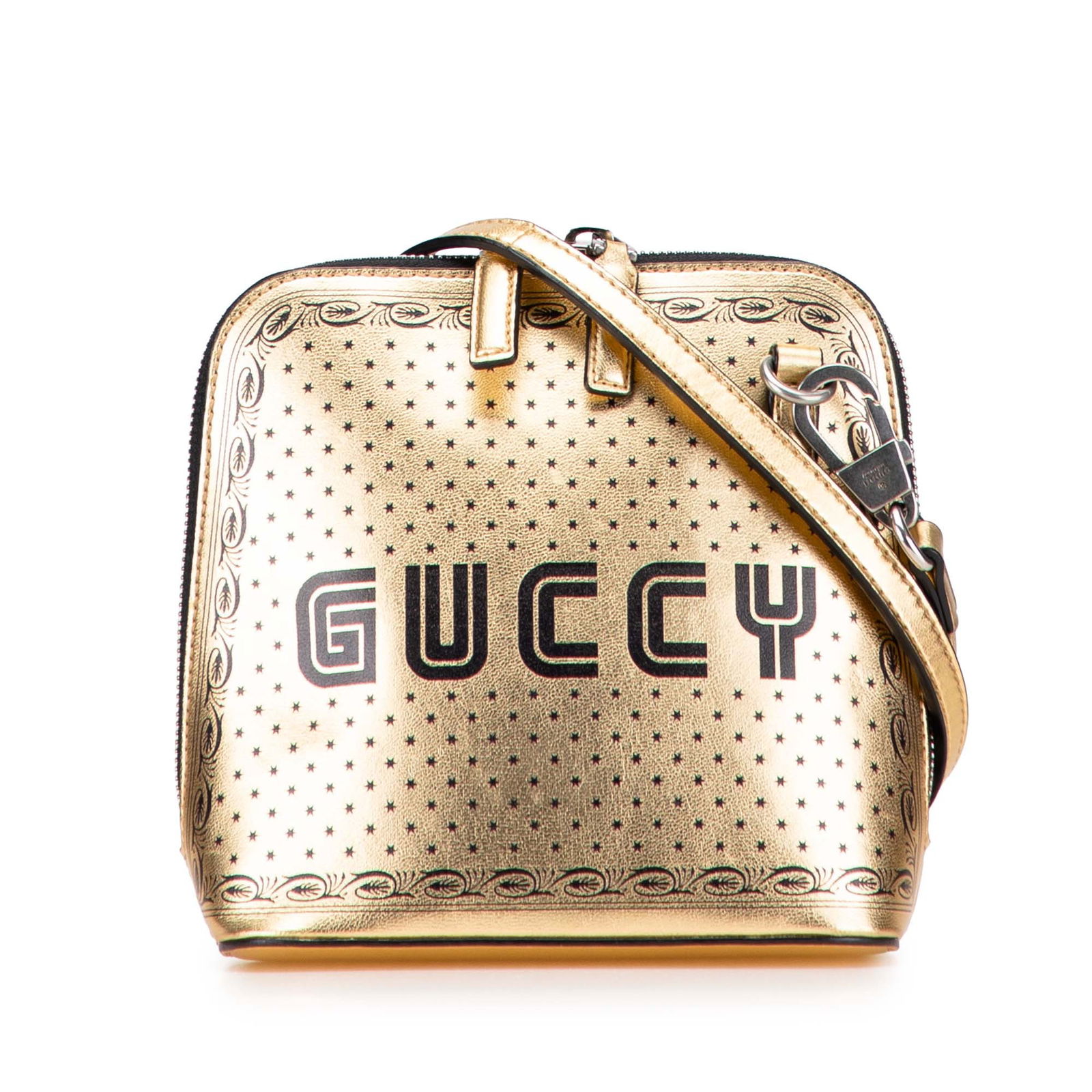 Gucci Mini Calfskin Guccy Sega Crossbody Bag Gold Leather: Gucci Mini Calfskin Guccy Sega Crossbody Bag Gold Leather The Gucci Mini Calfskin Guccy Sega Crossbody bag is a stylish accessory crafted from printed leather. It features a detachable flat strap for
