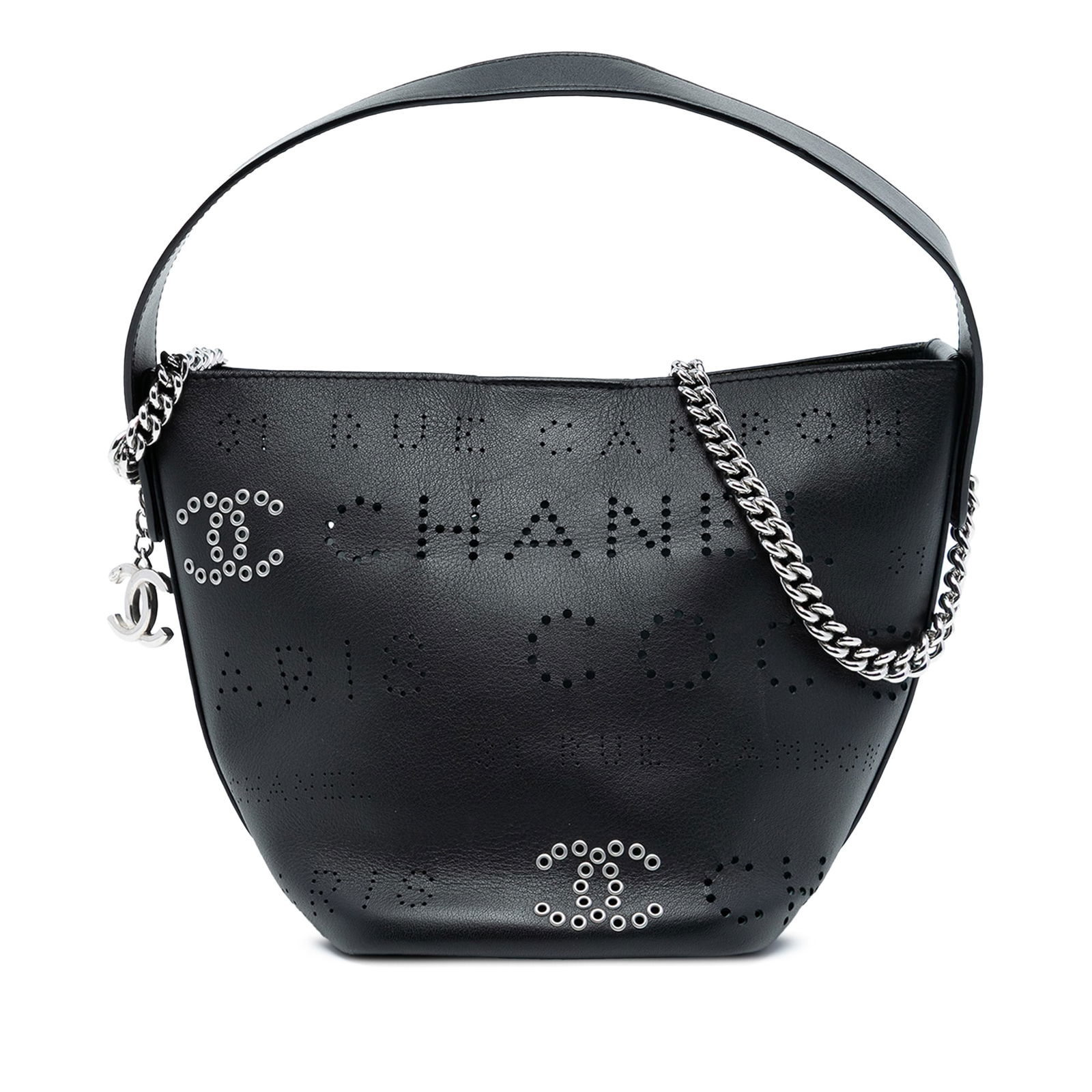 Chanel Black Leather Bucket Bag with Perforated Eyelet Logo Detail: Chanel Black Leather Bucket Bag with Perforated Eyelet Logo Detail This Chanel Small Perforated Calfskin Logo Eyelet Bucket Bag features a black leather body with small piercing details, a flat leathe