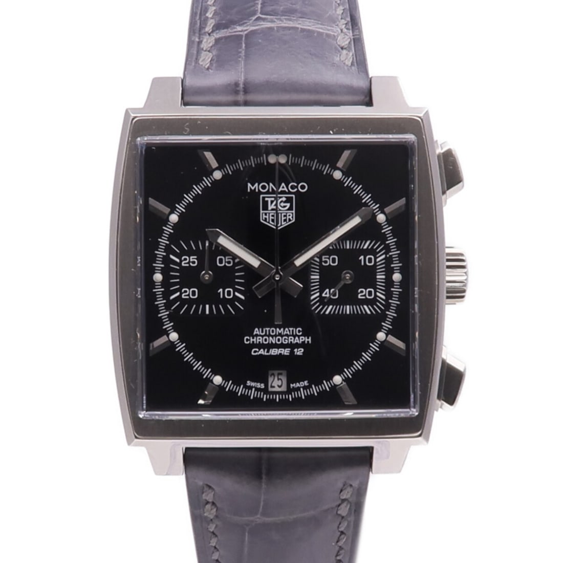 Monaco Calibre CAW2110.FC6177 Stainless Steel Automatic Black Dial Watch: Monaco Calibre CAW2110.FC6177 Stainless Steel Automatic Black Dial Watch This TAG Heuer Monaco Calibre Automatic wristwatch features a stainless steel case and band with a striking black dial and fram