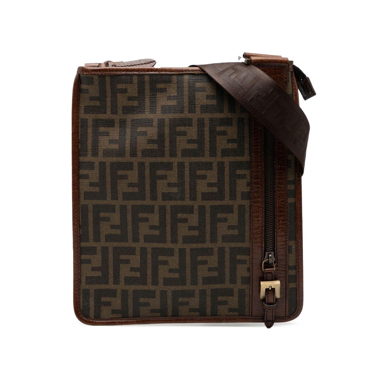 Fendi Zucca Pattern Brown Coated Canvas Adjustable Crossbody Bag: Fendi Zucca Pattern Brown Coated Canvas Adjustable Crossbody Bag This Fendi Zucca crossbody bag is crafted from coated canvas in a brown color and features an adjustable flat shoulder strap. The bag o