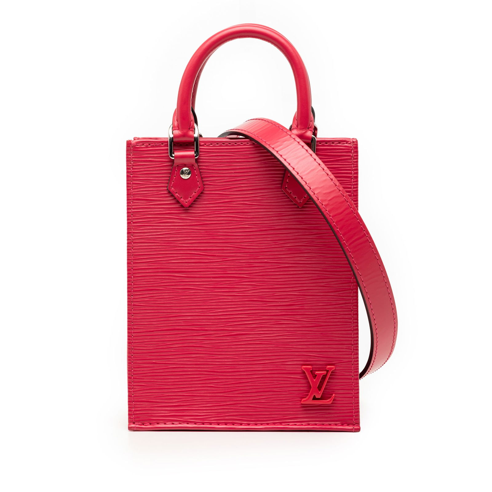 Pink Epi Leather Petit Sac Plat Bag by Louis Vuitton with Detachable Strap: Pink Epi Leather Petit Sac Plat Bag by Louis Vuitton with Detachable Strap This Louis Vuitton Epi Petit Sac Plat features a pink epi leather body, rolled leather handles, a detachable flat strap, an o
