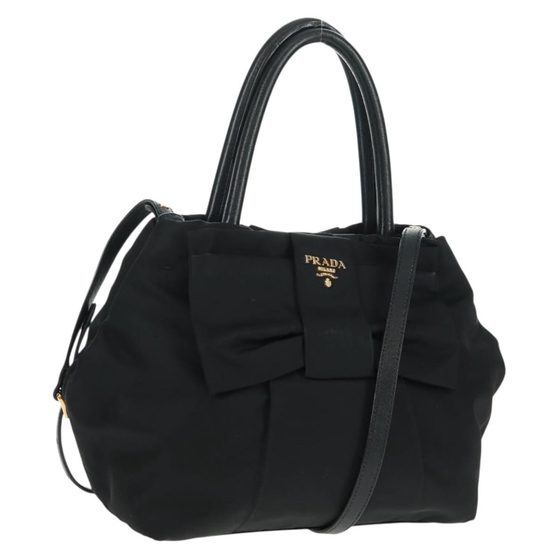 Black Nylon Prada 2way Shoulder and Handbag with Leather Trim Gold Hardware: Black Nylon Prada 2way Shoulder and Handbag with Leather Trim Gold Hardware This PRADA 2-way handbag features a durable black nylon exterior with gold-tone accents and leather trim. It offers versatil