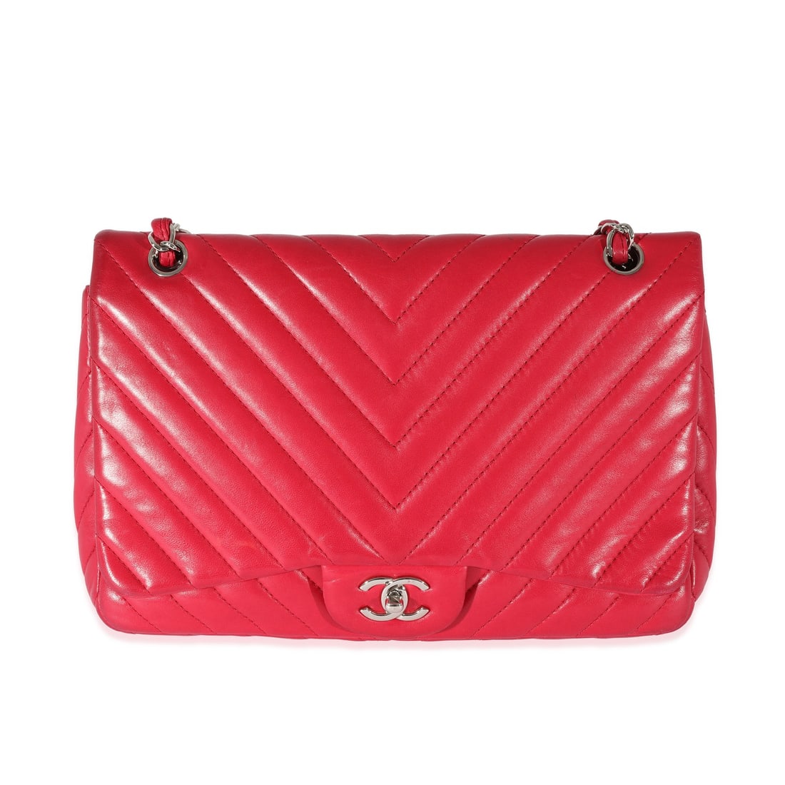 Chanel Jumbo Classic Single Flap Bag Pink Lambskin Chevron 2009-2010: Chanel Jumbo Classic Single Flap Bag Pink Lambskin Chevron 2009-2010 This stunning Chanel Jumbo Classic Single Flap Bag features a beautiful pink lambskin leather exterior with a distinctive chevron f