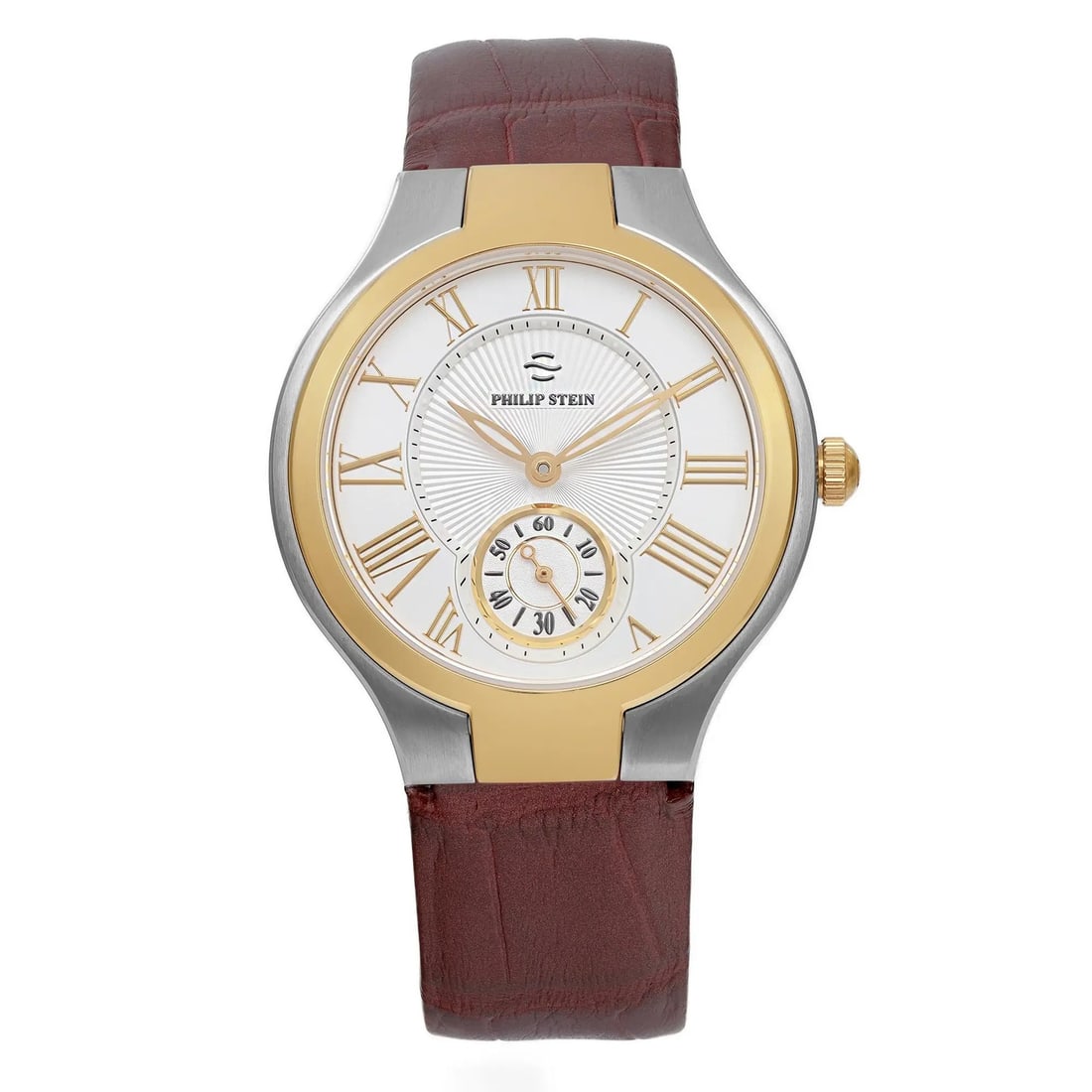 Philip Stein 35mm Quartz Watch with Gold Bezel and Brown Leather Strap: Philip Stein 35mm Quartz Watch with Gold Bezel and Brown Leather Strap This Philip Stein wristwatch features a stylish 35mm round case crafted from stainless steel with a brushed finish in gray. The g