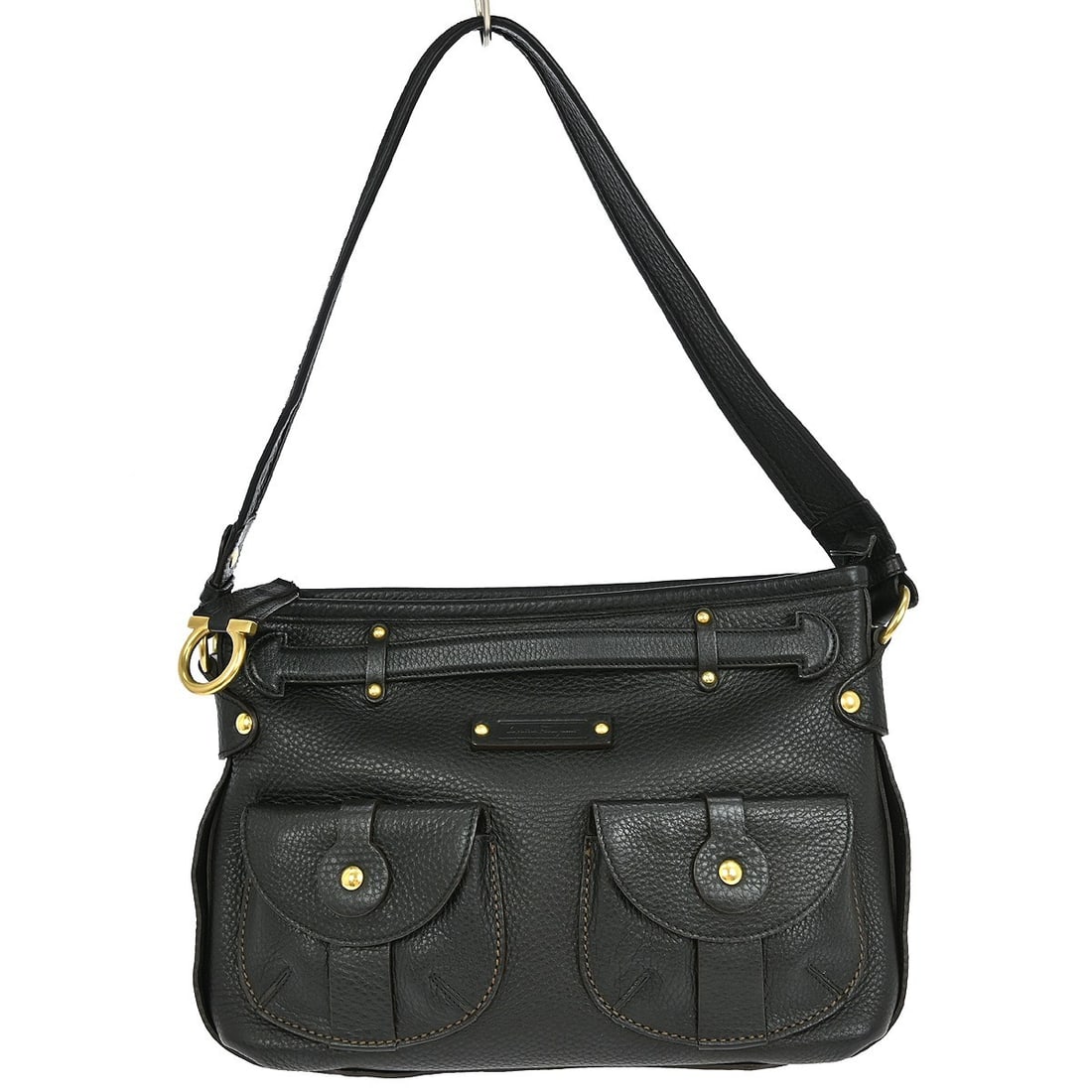 Salvatore Ferragamo AU-21 7294 Black Leather Medium Shoulder Bag: Salvatore Ferragamo AU-21 7294 Black Leather Medium Shoulder Bag This Salvatore Ferragamo shoulder bag features a sleek black leather exterior with a medium-sized silhouette, accented by the brand's s