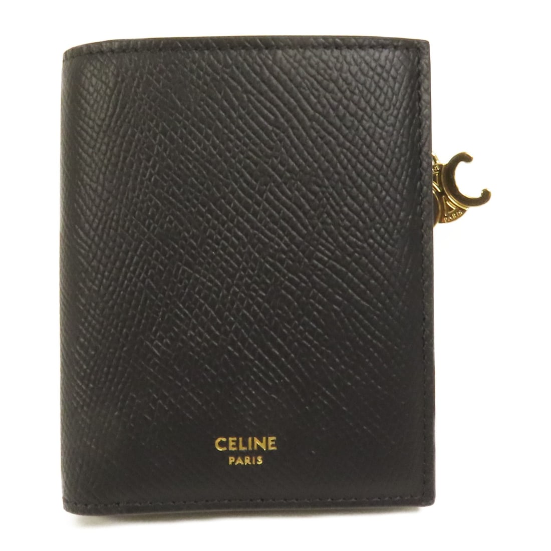 CELINE Triomphe Compact Bi-fold Wallet Black Calfskin GHW: CELINE Triomphe Compact Bi-fold Wallet Black Calfskin GHW This CELINE Triomphe Compact Wallet is a stylish bi-fold wallet crafted from premium black calfskin leather. Designed for both functionality a