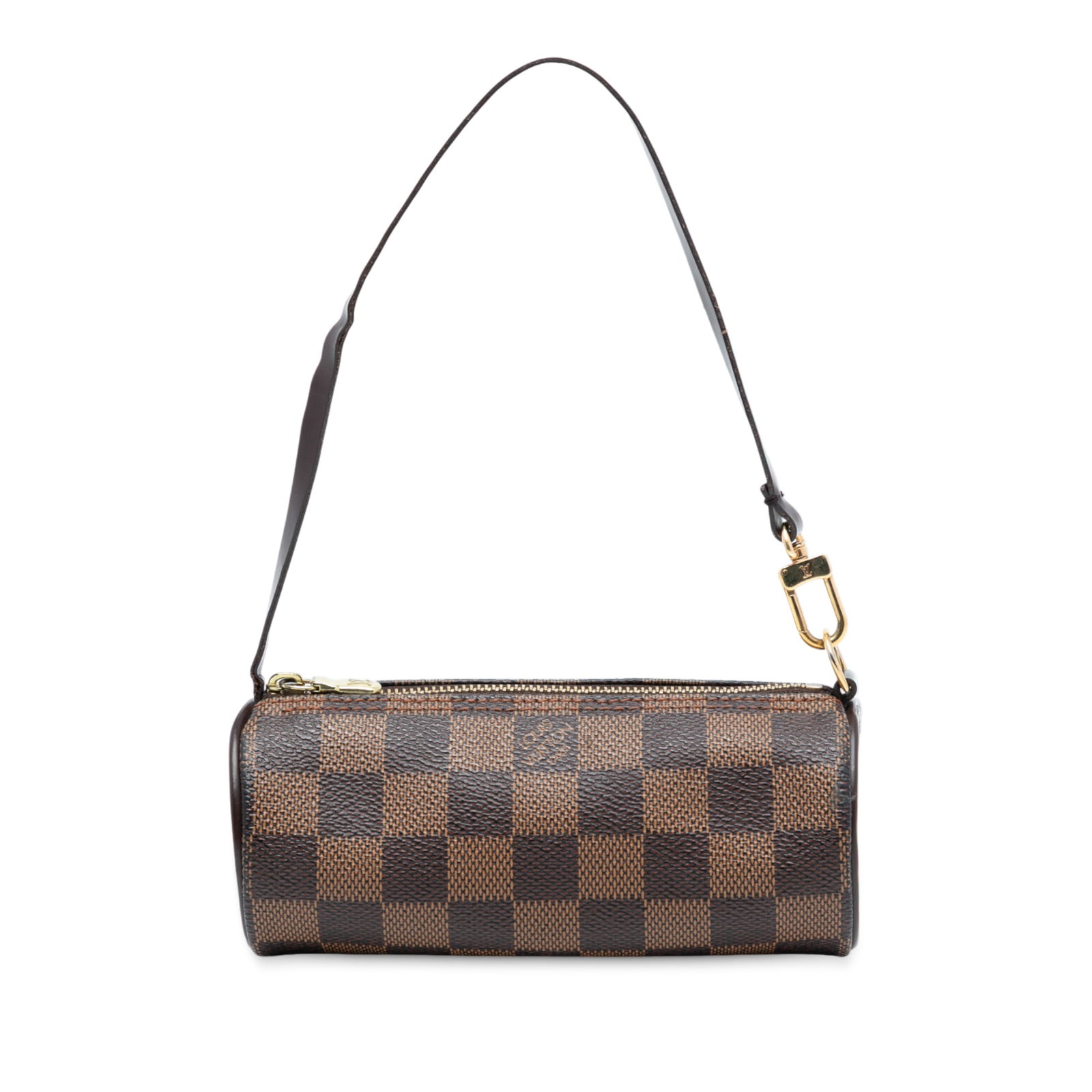 Damier Ebene Papillon Pochette by Louis Vuitton with Zip Closure: Damier Ebene Papillon Pochette by Louis Vuitton with Zip Closure This Louis Vuitton Damier Ebene Papillon Pochette features a signature Damier canvas body with a flat leather strap and a top zip closu