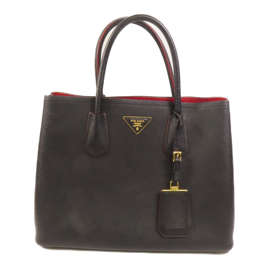 Black Saffiano Leather Prada Handbag with Gold Hardware: Black Saffiano Leather Prada Handbag with Gold Hardware This PRADA handbag features durable Saffiano leather in black with a classic design. The bag is crafted in Italy and offers a regular size, maki