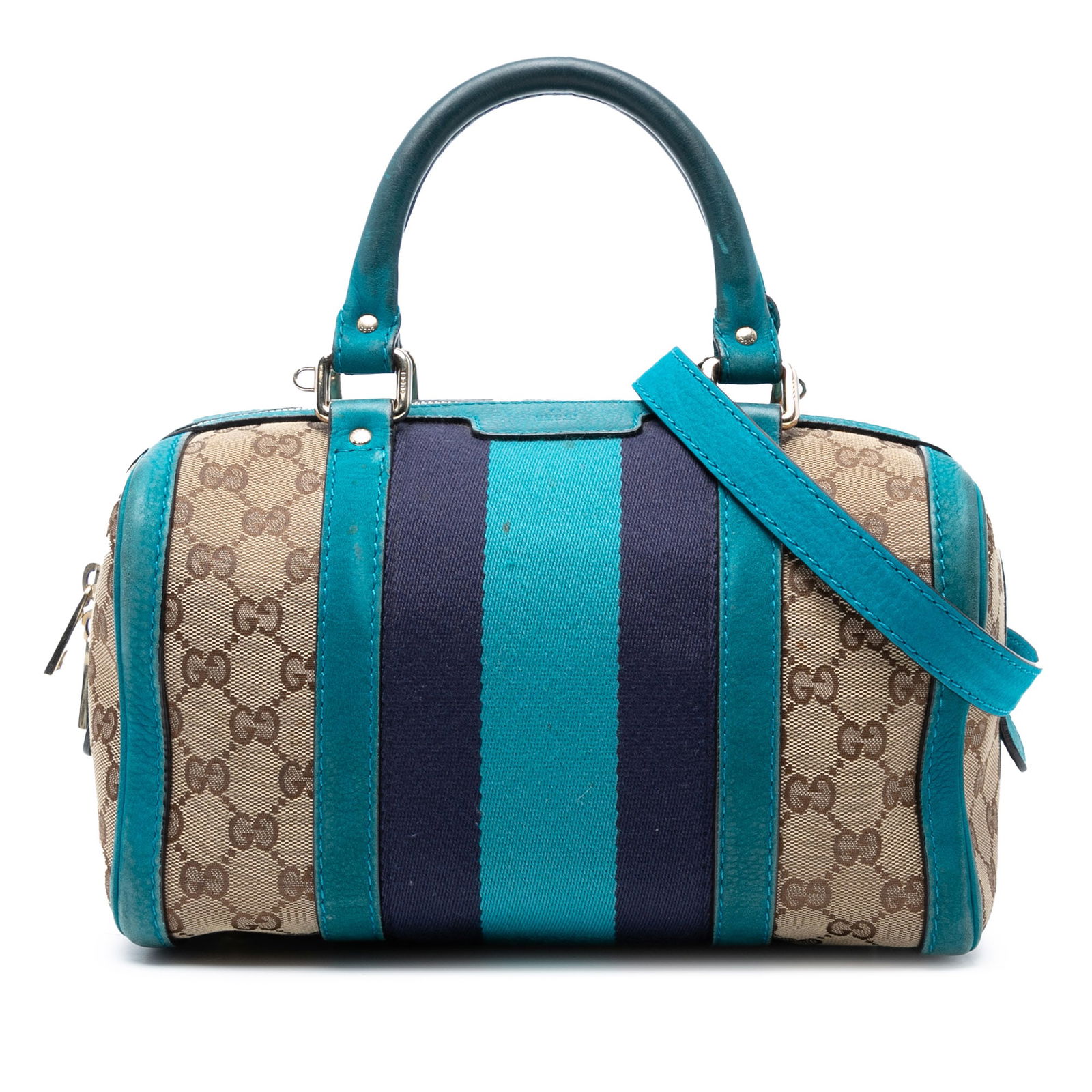 Gucci Small GG Canvas Web Joy Boston Bag with Leather Trim: Gucci Small GG Canvas Web Joy Boston Bag with Leather Trim Introducing the Gucci Small GG Canvas Web Joy Boston Bag, a stylish and practical satchel perfect for everyday use. This exquisite bag featur