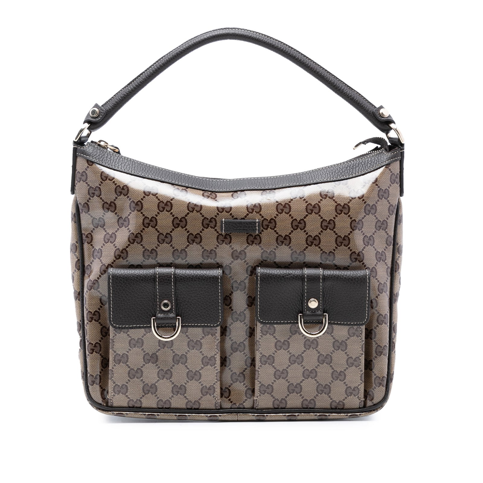 Brown GG Crystal Abbey D Ring coated canvas handbag by Gucci: Brown GG Crystal Abbey D Ring coated canvas handbag by Gucci The Gucci GG Crystal Abbey D Ring Handbag features a coated canvas body with leather trim, a rolled leather strap, a top zip closure, exter