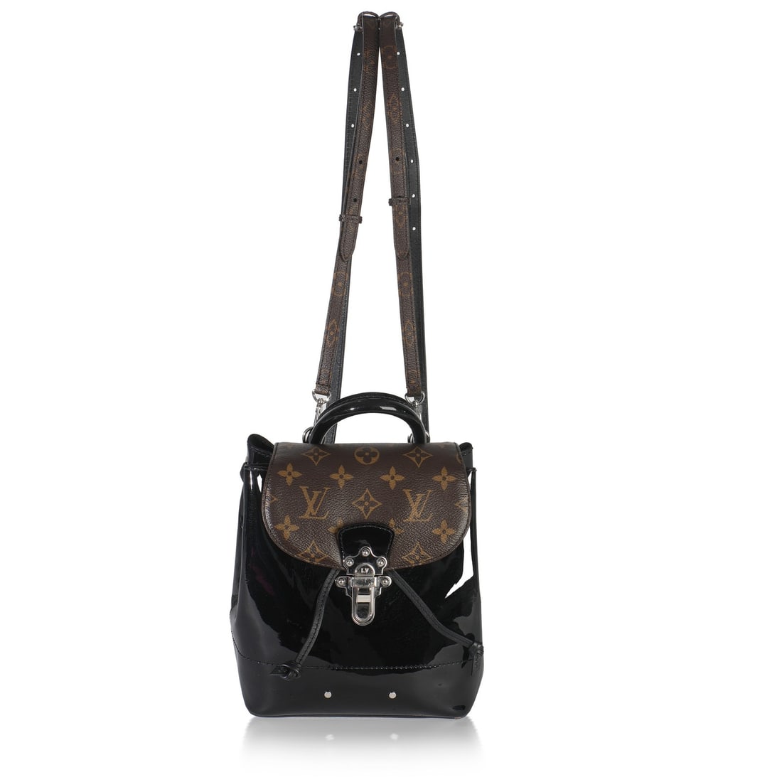 Hot Springs Backpack by Louis Vuitton Black Patent Leather with Dustbag: Hot Springs Backpack by Louis Vuitton Black Patent Leather with Dustbag This Louis Vuitton Hot Springs Backpack features a sleek black patent leather exterior with matching black microfiber lining. Th