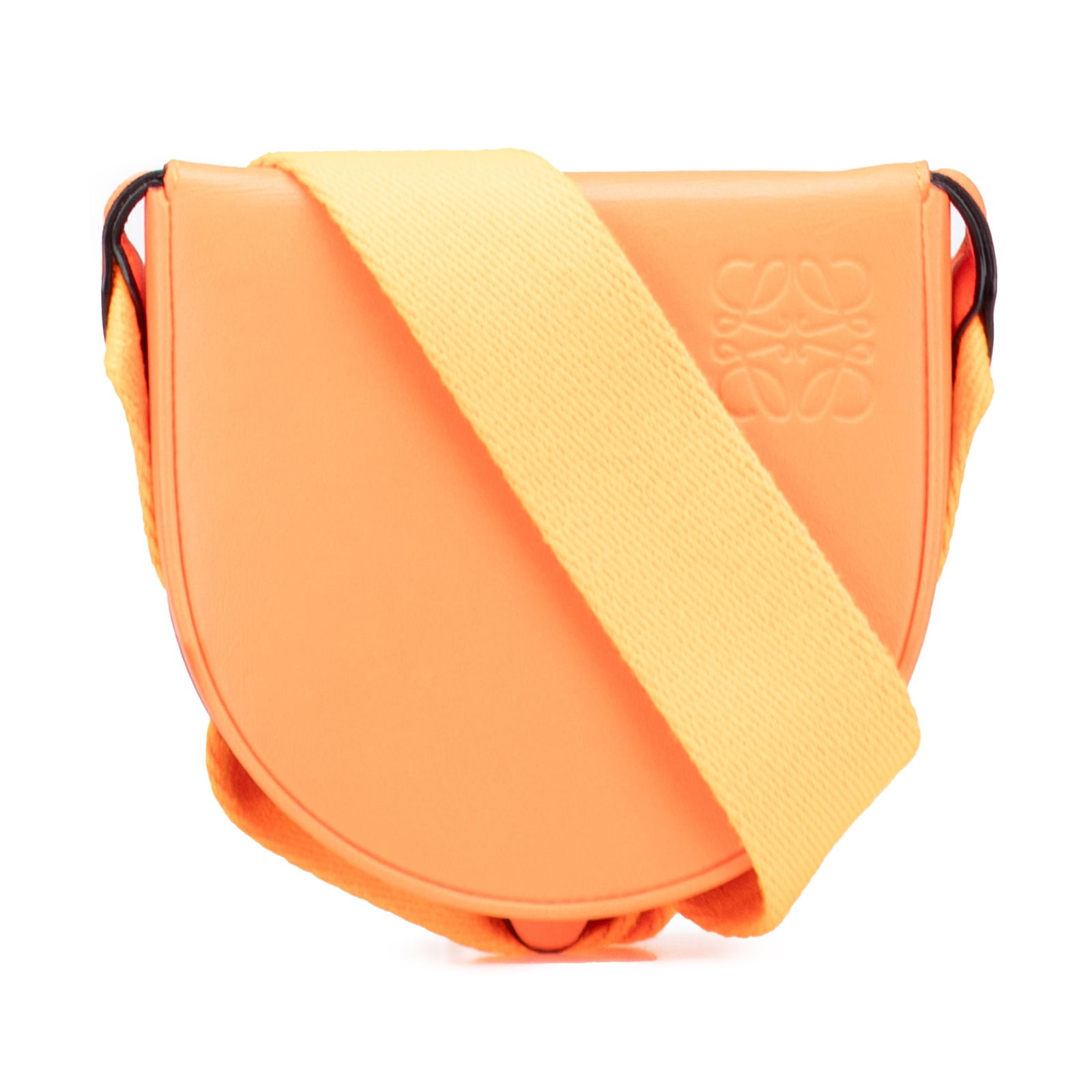 LOEWE Small Soft Calfskin Heel Pouch Orange Leather Crossbody Bag: LOEWE Small Soft Calfskin Heel Pouch Orange Leather Crossbody Bag This LOEWE Small Soft Calfskin Heel Pouch is a chic crossbody bag crafted from luxurious leather. It features a flat shoulder strap fo