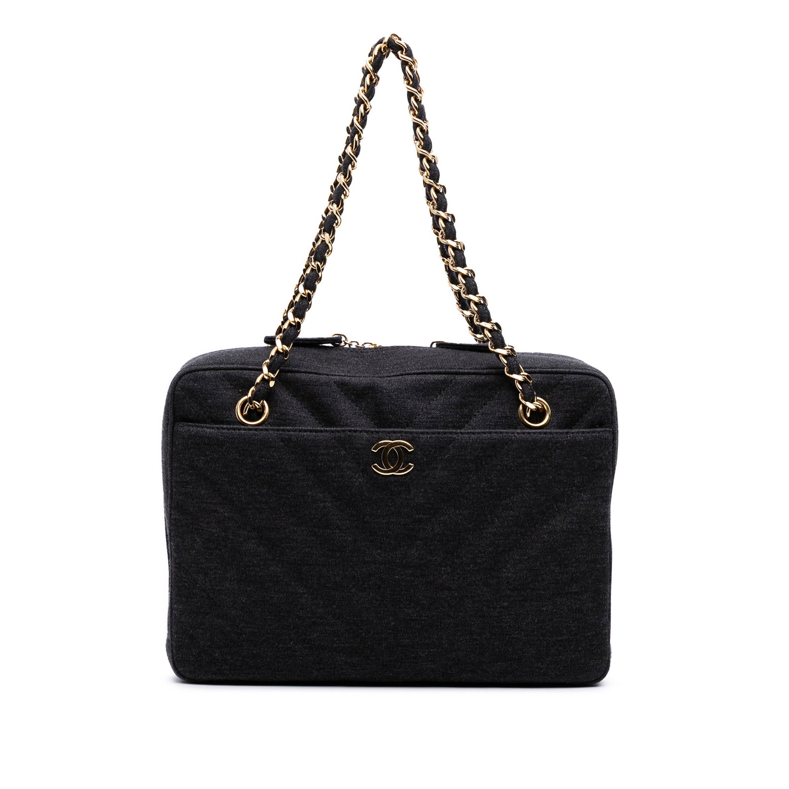 Chanel CC Chevron Camera Bag Gray Quilted Jersey with Chain Straps: Chanel CC Chevron Camera Bag Gray Quilted Jersey with Chain Straps Introducing the Chanel CC Chevron Jersey Camera Bag, a chic shoulder bag crafted from a luxurious quilted cotton jersey. This stylish