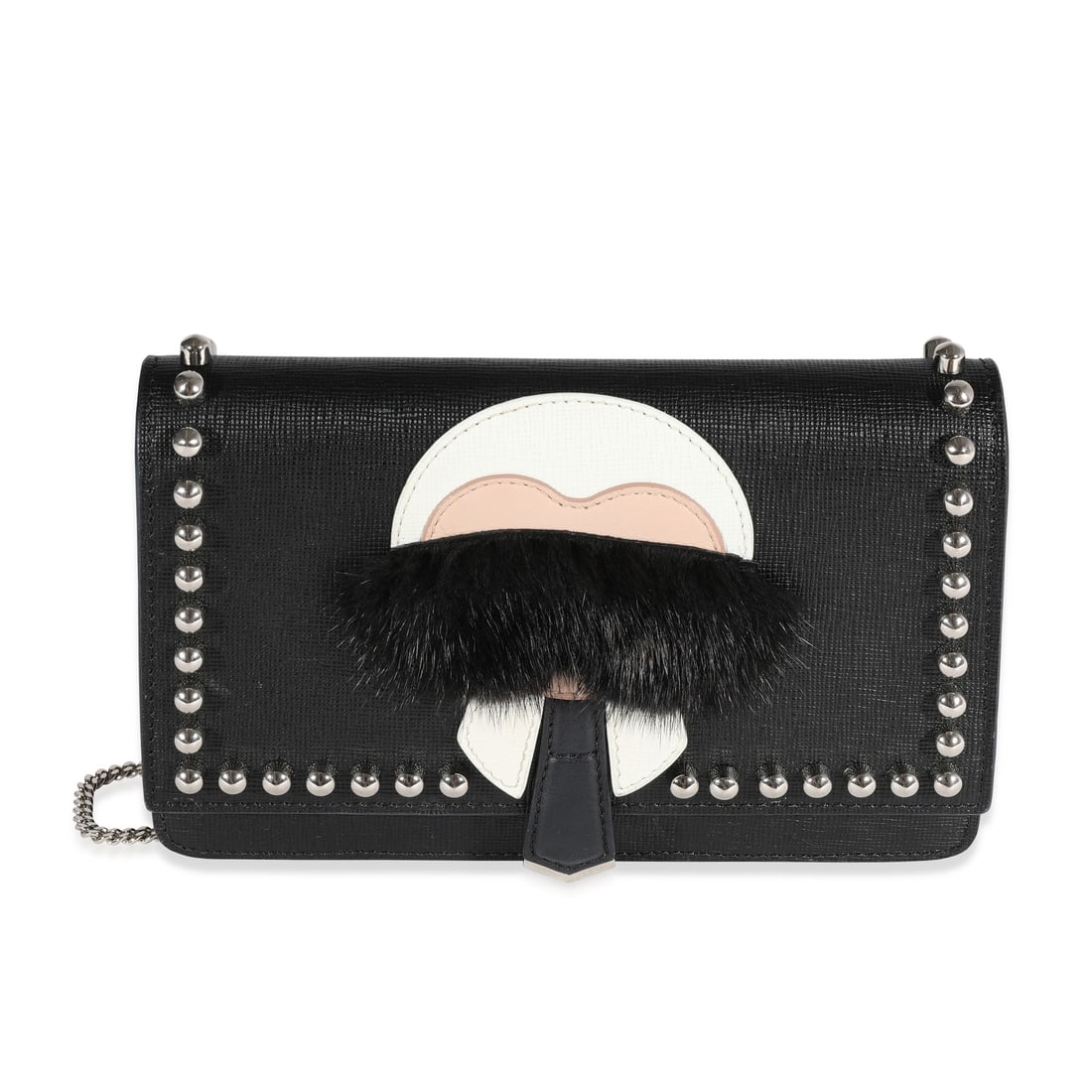 Fendi Karlito Chain Wallet Black Vitello Elite Mink with Dustbag: Fendi Karlito Chain Wallet Black Vitello Elite Mink with Dustbag The Fendi Black Vitello Elite & Mink Studded Karlito Chain Wallet is a stylish and versatile accessory, perfect for any occasion. This