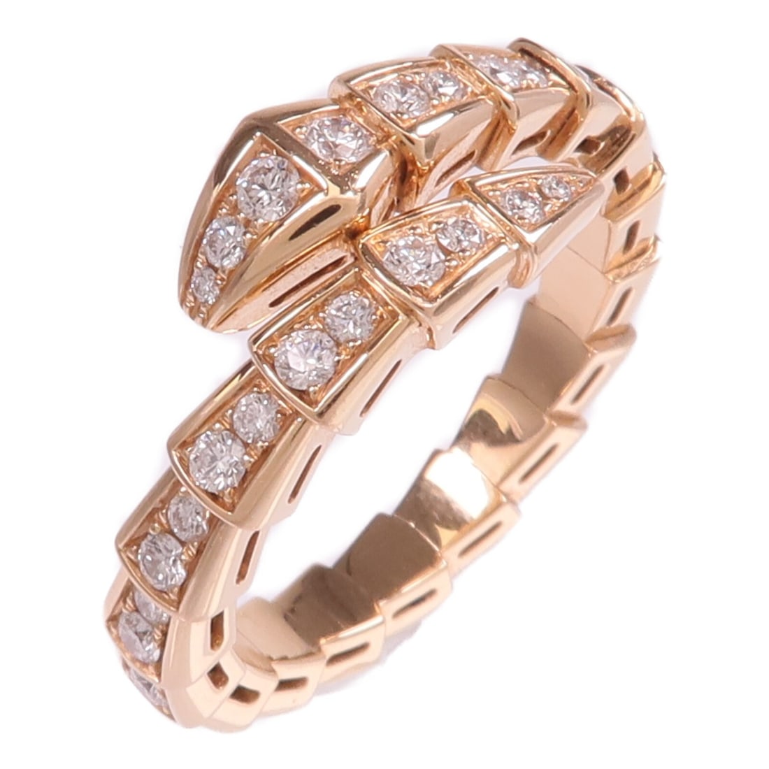 Serpenti Viper 18K Rose Gold Diamond Ring Size 8.25 by BVLGARI: Serpenti Viper 18K Rose Gold Diamond Ring Size 8.25 by BVLGARI This BVLGARI Serpenti Viper ring features a luxurious design crafted in 18K pink (rose) gold and is adorned with clear diamonds. Sized at