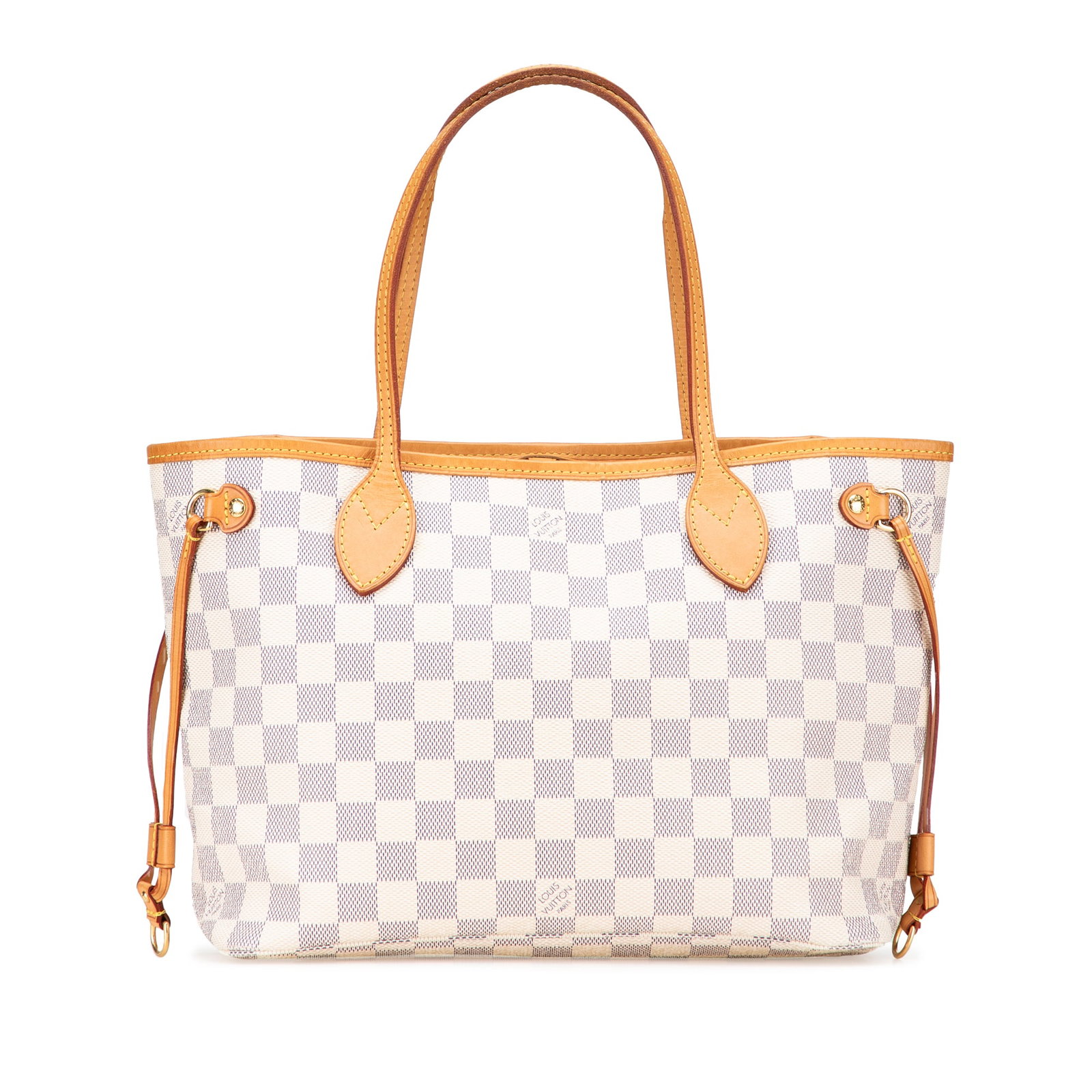 Louis Vuitton Damier Azur Neverfull PM Bag with Vachetta Trim: Louis Vuitton Damier Azur Neverfull PM Bag with Vachetta Trim The Louis Vuitton Damier Azur Neverfull PM is a stylish tote crafted from damier azur canvas, accented with vachetta leather trim. It feat