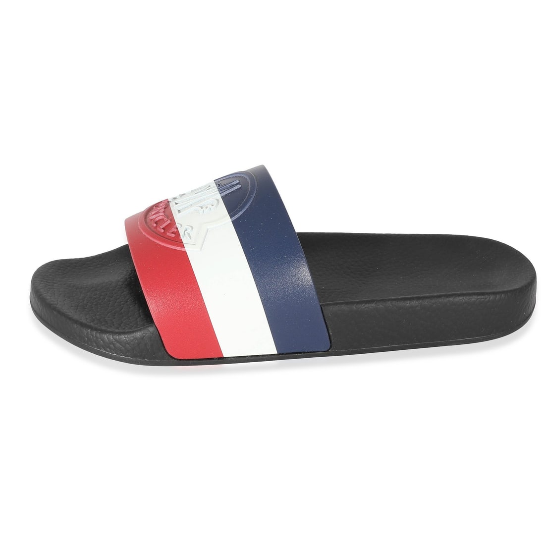 Moncler Basile Black Tricolor Logo Rubber Slides Sandals Size 41: Moncler Basile Black Tricolor Logo Rubber Slides Sandals Size 41 These Moncler Basile tricolor slides feature a bold logo design and are crafted from durable plastic and rubber materials. Designed in