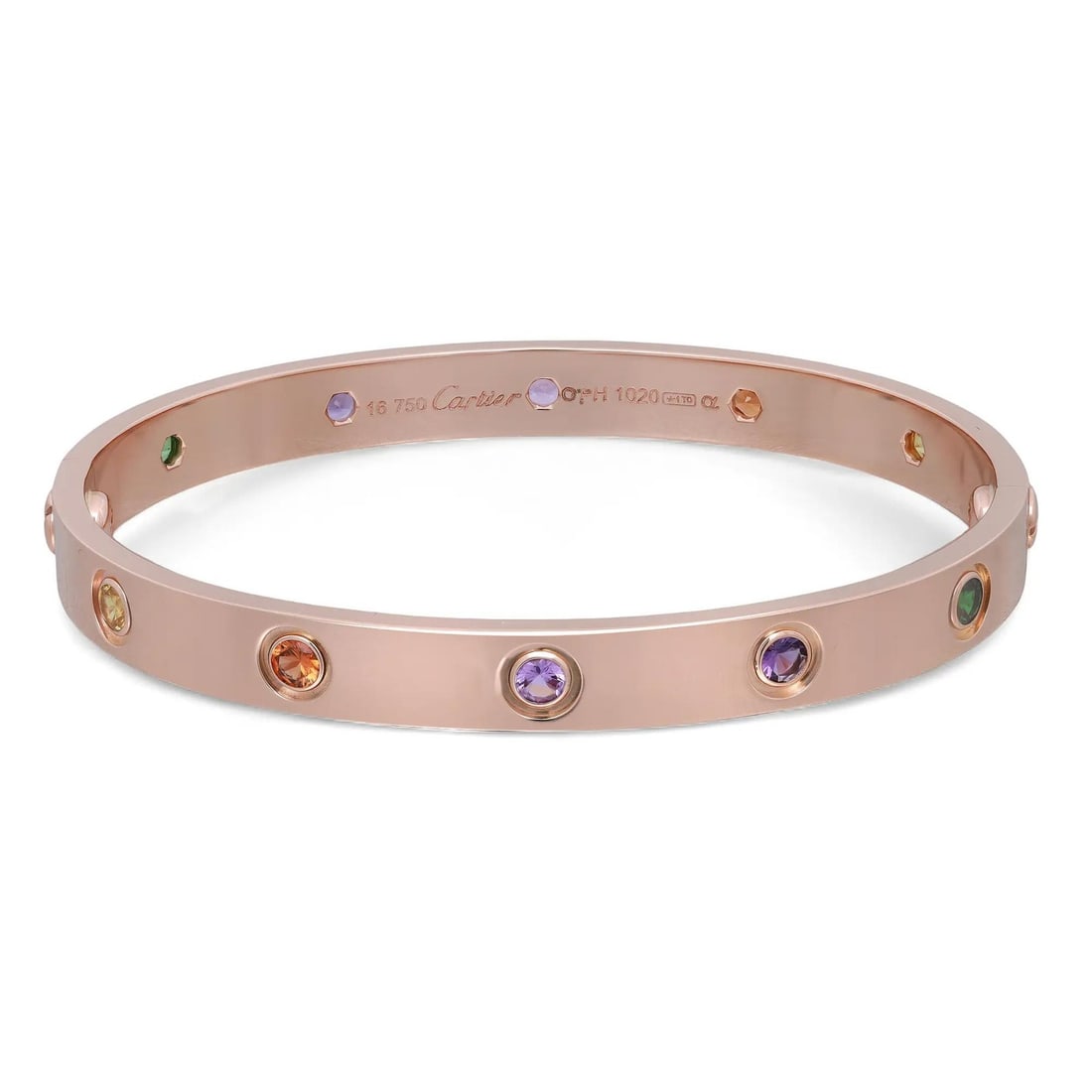 Cartier 18K Rose Gold Love Bracelet with Amethyst Sapphire Garnet Size 16: Cartier 18K Rose Gold Love Bracelet with Amethyst Sapphire Garnet Size 16 This exquisite Cartier Love Bracelet is crafted from luxurious 18K rose gold and features a stunning combination of natural ge