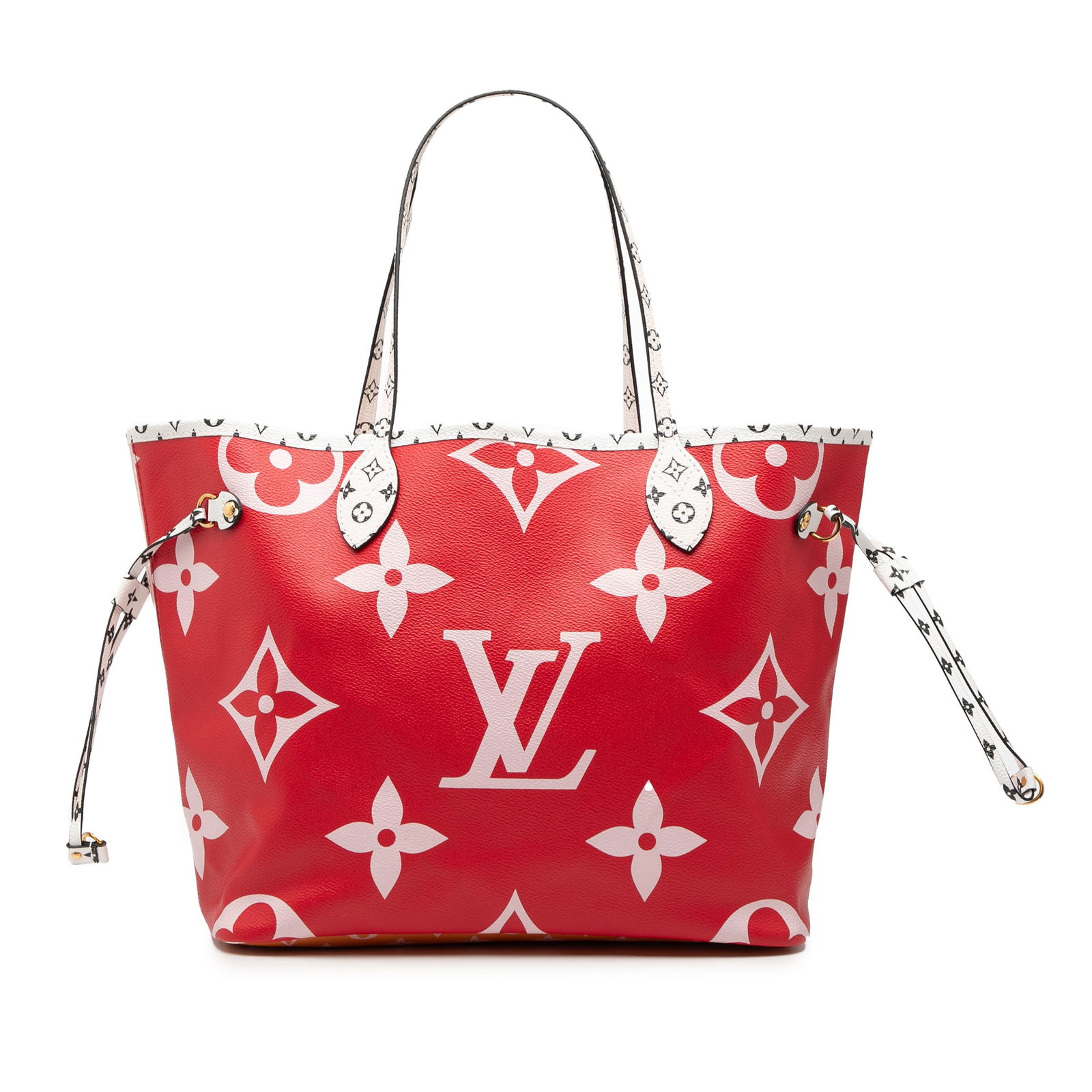 Louis Vuitton Neverfull MM Monogram Giant Canvas Tote Bag Red: Louis Vuitton Neverfull MM Monogram Giant Canvas Tote Bag Red This Louis Vuitton Monogram Giant Neverfull MM features a monogram canvas body in red, flat handles, an open top with a lobster clasp clos
