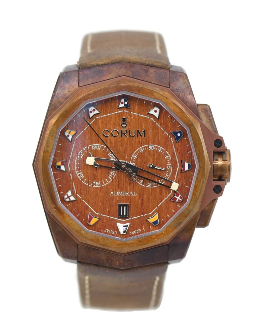 Corum Admirals Cup Chronograph Bronze Watch 116.200.53/0F62 with Box and Papers: Corum Admirals Cup Chronograph Bronze Watch 116.200.53/0F62 with Box and Papers Experience the exquisite craftsmanship of the Corum Admiral's Cup Chronograph Bronze Watch. This stunning timepiece feat