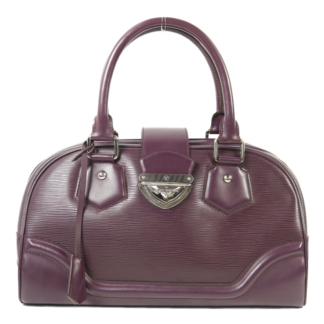 Louis Vuitton Montaigne GM Purple Epi Leather Handbag with Silver Hardware: Louis Vuitton Montaigne GM Purple Epi Leather Handbag with Silver Hardware This is a Louis Vuitton Bowling Montaigne GM handbag crafted from purple Epi leather with a structured design. The bag featur