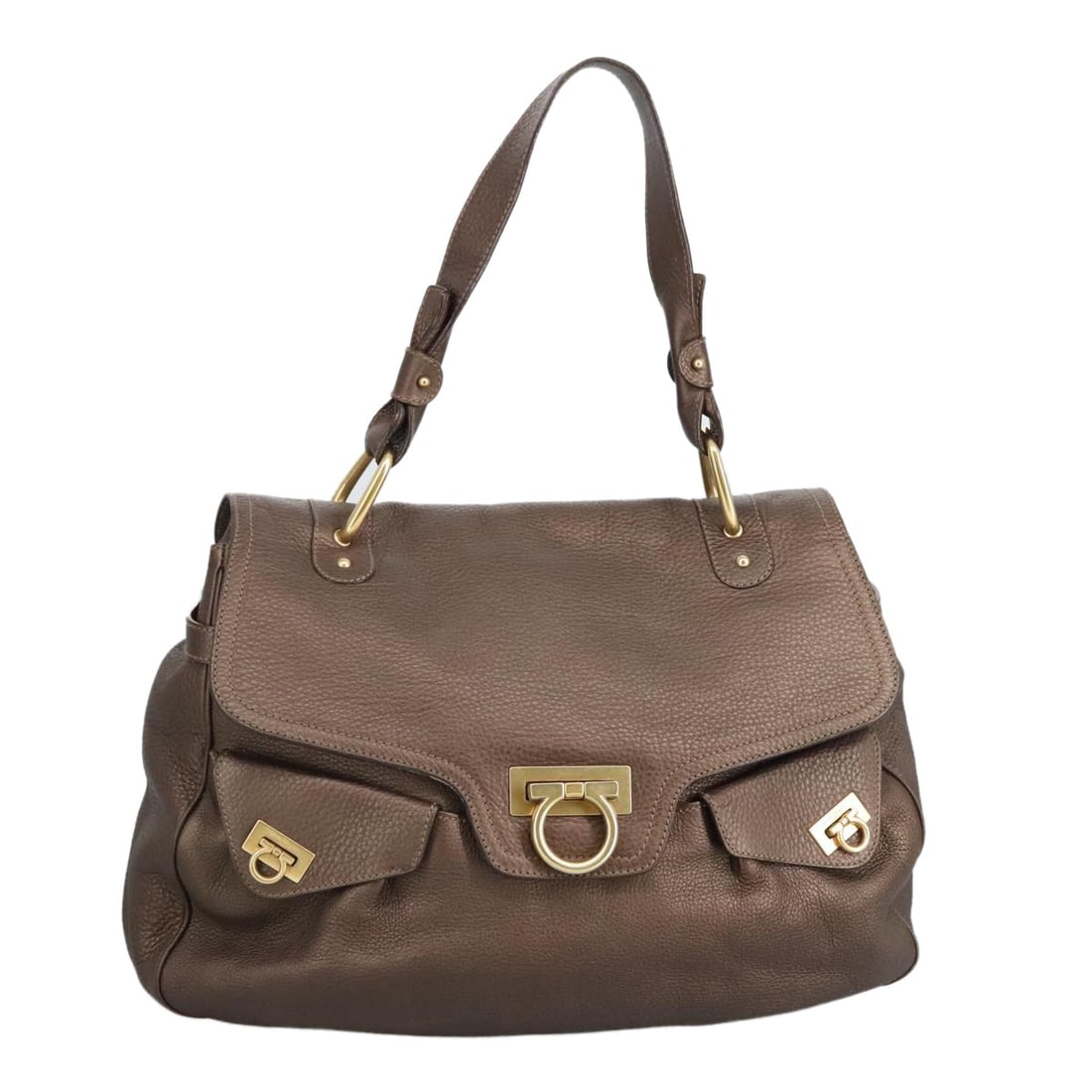 Salvatore Ferragamo Gancini Brown Leather Shoulder Bag Gold Accents Auth Italy (1 of 18)