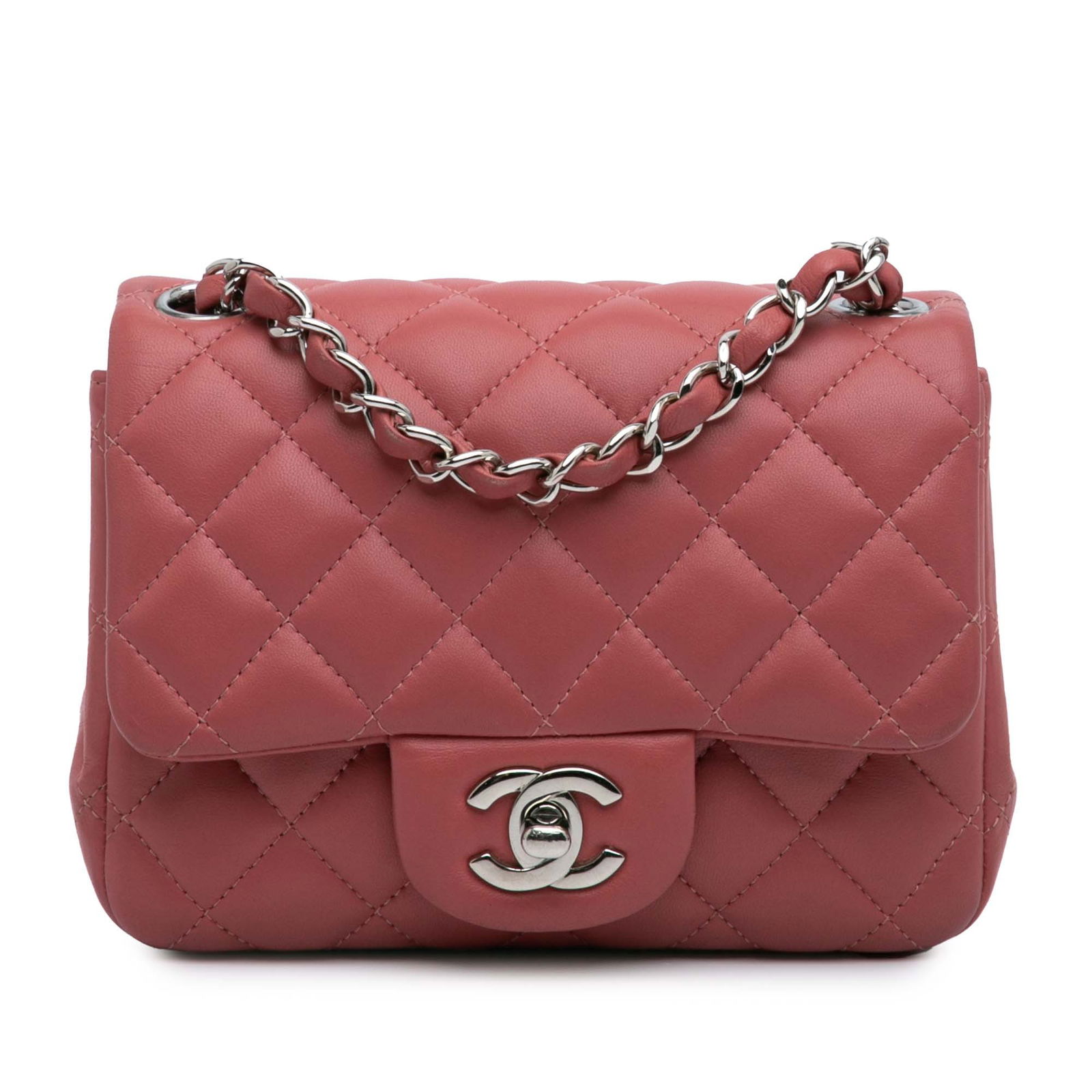 Chanel Mini Square Classic Lambskin Flap Bag Pink Leather: Chanel Mini Square Classic Lambskin Flap Bag Pink Leather The Chanel Mini Square Classic Lambskin Single Flap is a chic and elegant handbag crafted from luxurious quilted lambskin leather. It features