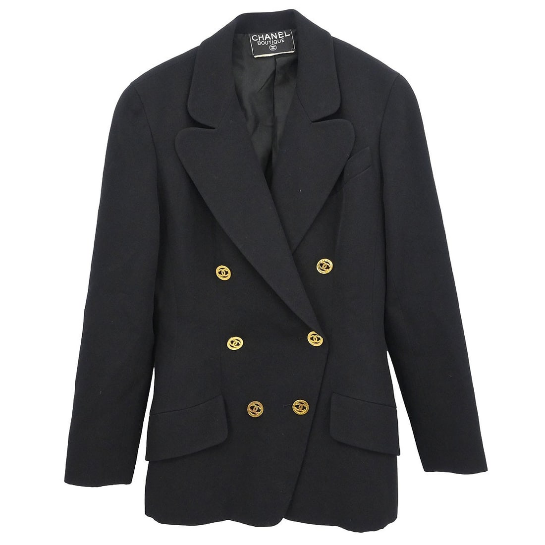 Chanel Vintage Black Double Breasted Mid-Length Jacket with Logo Buttons: Chanel Vintage Black Double Breasted Mid-Length Jacket with Logo Buttons This vintage Chanel double-breasted jacket features a mid-length cut in classic black. Designed with long sleeves and a button