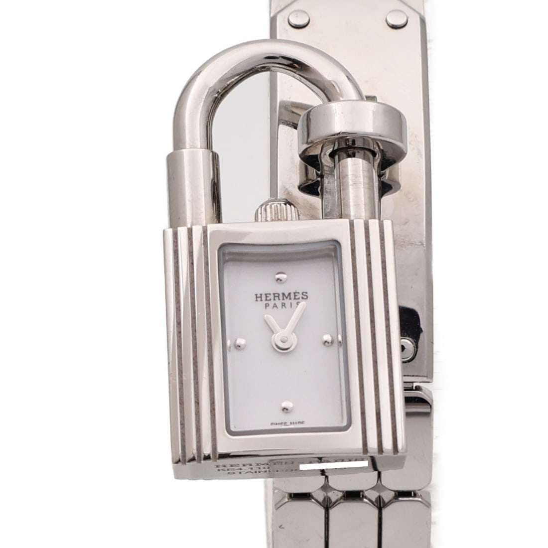 Hermes Kelly Stainless Steel Quartz Wristwatch White Dial W062467WW00: Hermes Kelly Stainless Steel Quartz Wristwatch White Dial W062467WW00 This Hermes Kelly wristwatch features a stainless steel case and band with a white dial and frame. It is powered by a quartz movem