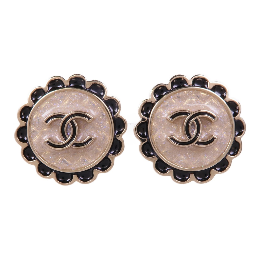 CHANEL Pierced Earrings Black Gold Tone Metal: CHANEL Pierced Earrings Black Gold Tone Metal Elevate your style with these exquisite Chanel CC Earrings. These pierced earrings feature a striking combination of black and gold, making them a versati