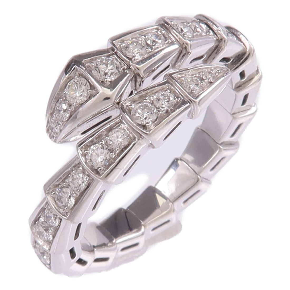 Serpenti Viper Diamond Ring by BVLGARI in 18K White Gold Size 7: Serpenti Viper Diamond Ring by BVLGARI in 18K White Gold Size 7 This BVLGARI Serpenti Viper ring is crafted from 18K white gold and features dazzling diamonds. Made in Italy, the ring is a size 7 and