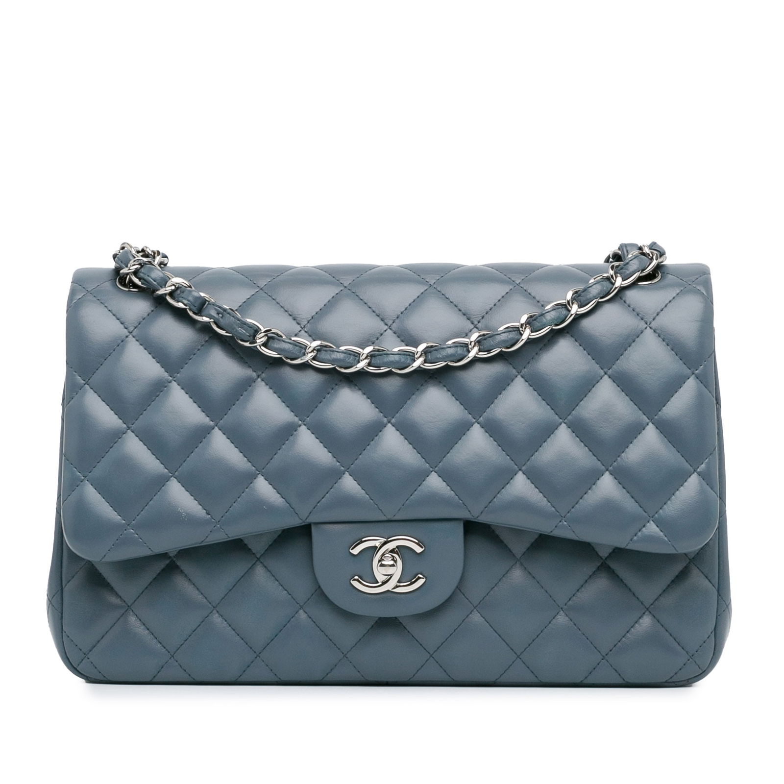 Chanel Jumbo Classic Lambskin Double Flap Bag Blue Leather: Chanel Jumbo Classic Lambskin Double Flap Bag Blue Leather This Chanel Jumbo Classic Lambskin Double Flap bag is a timeless accessory crafted from luxurious quilted lambskin leather. It features elega