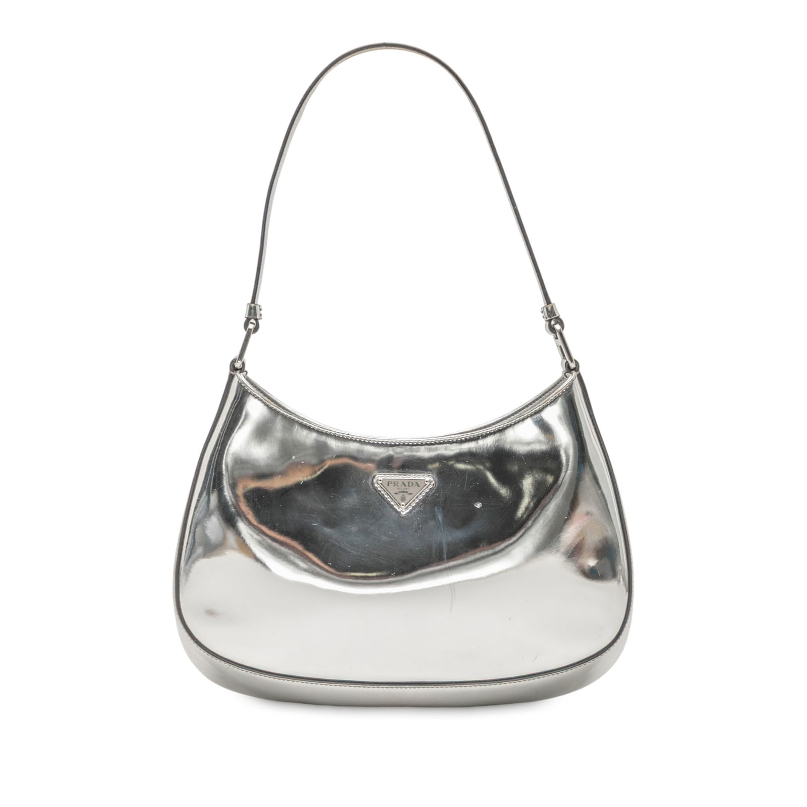 Prada Cleo Silver Leather Shoulder Bag with Snap Closure: Prada Cleo Silver Leather Shoulder Bag with Snap Closure Elevate your style with the Prada Brushed Leather Cleo Shoulder Bag. This elegant shoulder bag is crafted from premium leather and features a s
