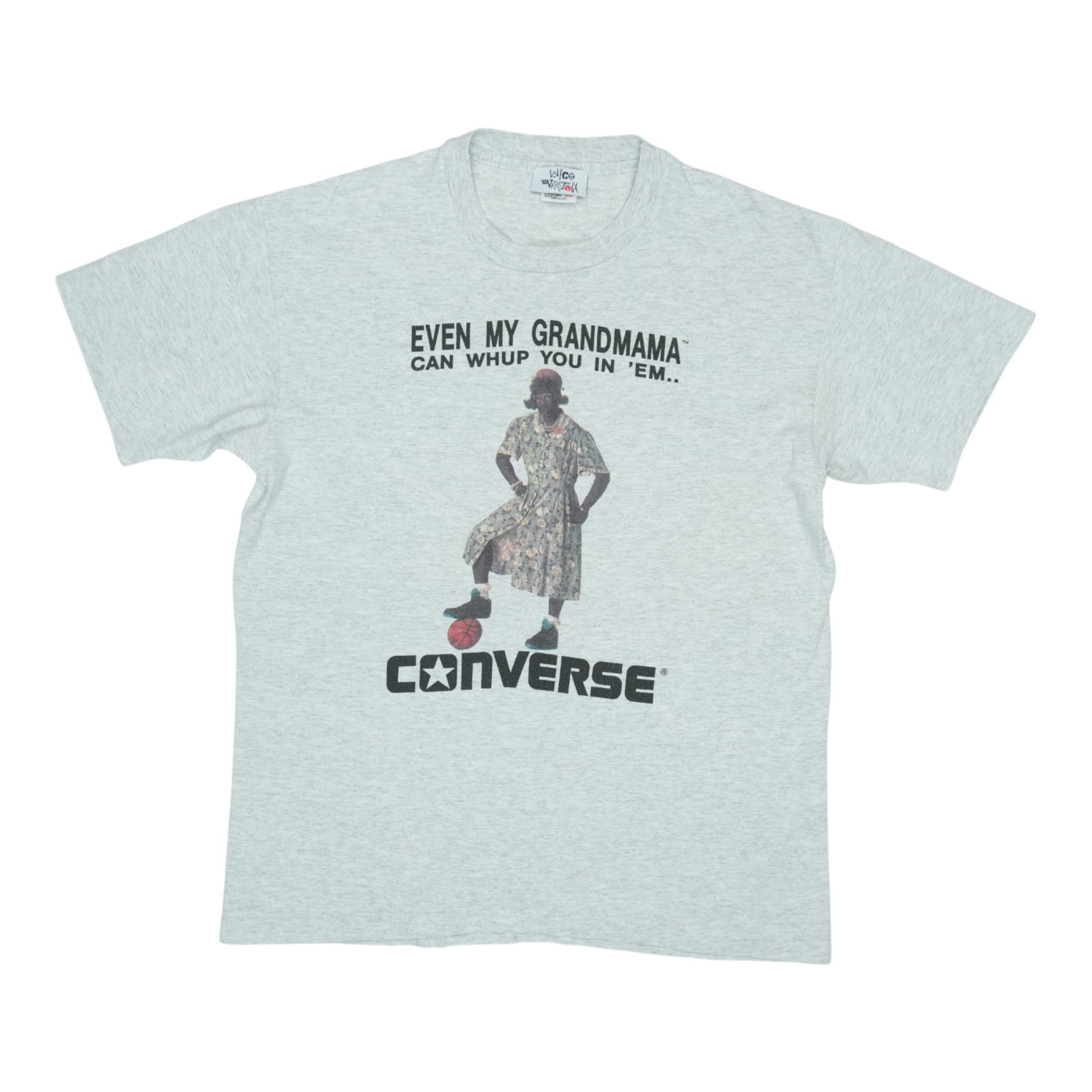 Vintage 1990s Larry Johnson Grand Mama Converse Grey Cotton Shirt XL: Vintage 1990s Larry Johnson Grand Mama Converse Grey Cotton Shirt XL This is an original vintage 1990s Larry Johnson Grand Mama Converse shirt. It features a classic grey color and is made from 100% c