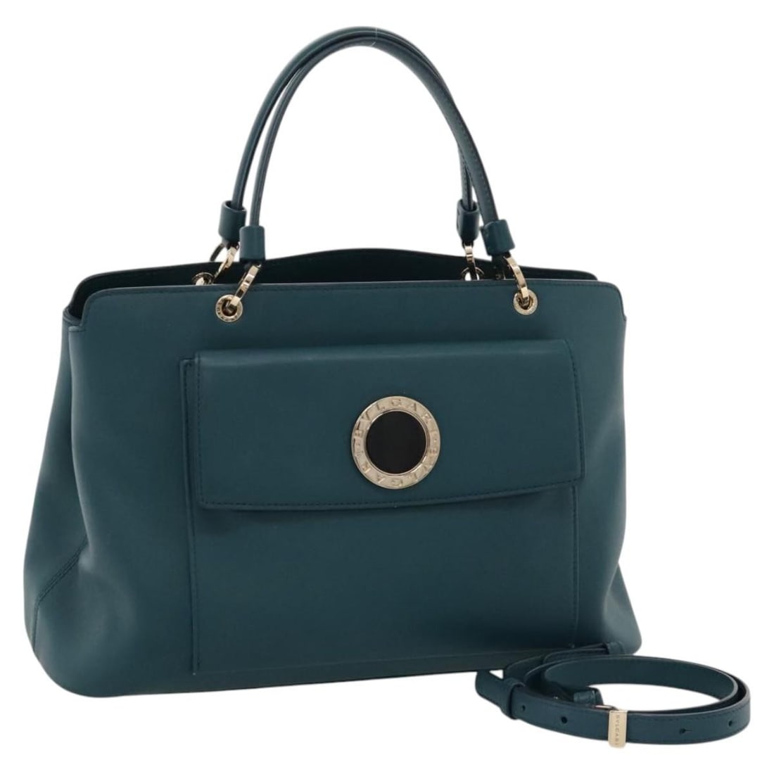 BVLGARI Turquoise Blue Leather 2-Way Hand Bag with Gold Accents: BVLGARI Turquoise Blue Leather 2-Way Hand Bag with Gold Accents This BVLGARI handbag is a luxurious accessory crafted from high-quality leather, featuring a stunning turquoise blue and gold exterior.