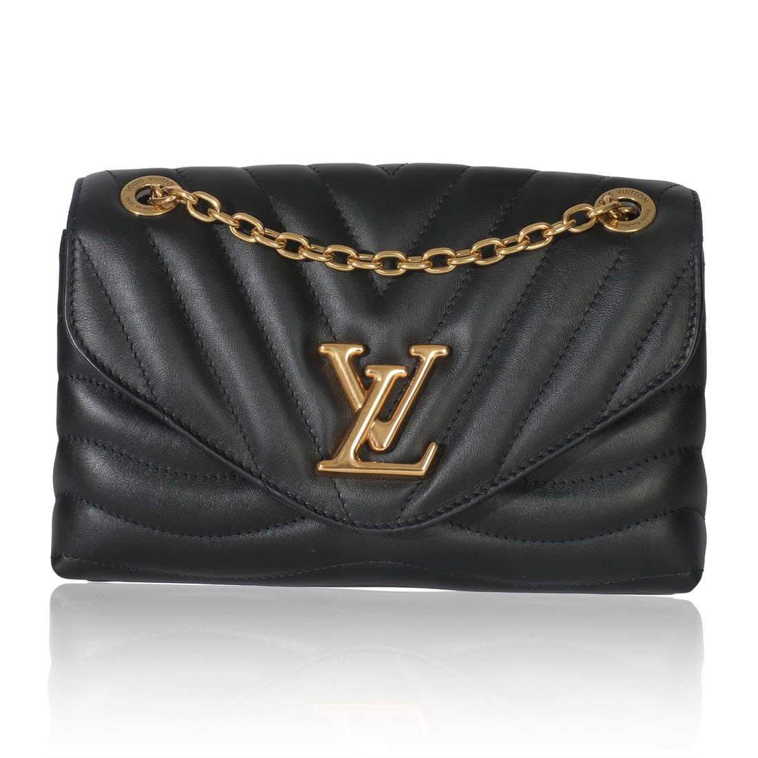New Wave Chain MM Shoulder Bag in Black Leather by Louis Vuitton: New Wave Chain MM Shoulder Bag in Black Leather by Louis Vuitton This Louis Vuitton New Wave Chain MM shoulder bag is crafted from black leather with a gold-tone chain strap and magnetic snap closure.