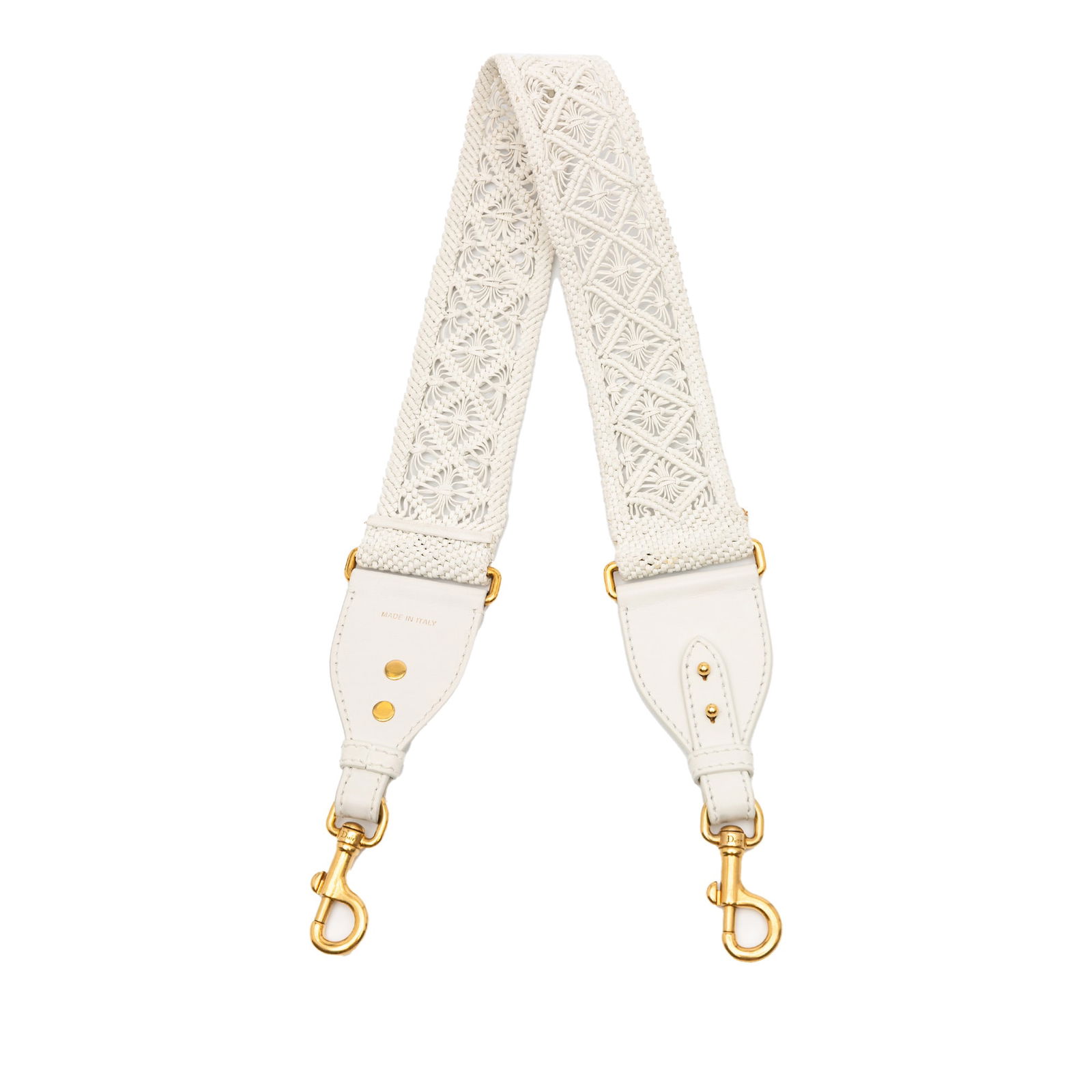 Dior Calfskin Macrame Shoulder Strap White Leather Italy: Dior Calfskin Macrame Shoulder Strap White Leather Italy Elevate your accessory collection with the Dior Calfskin Macrame Shoulder Strap. This exquisite strap features a braided leather body complemen